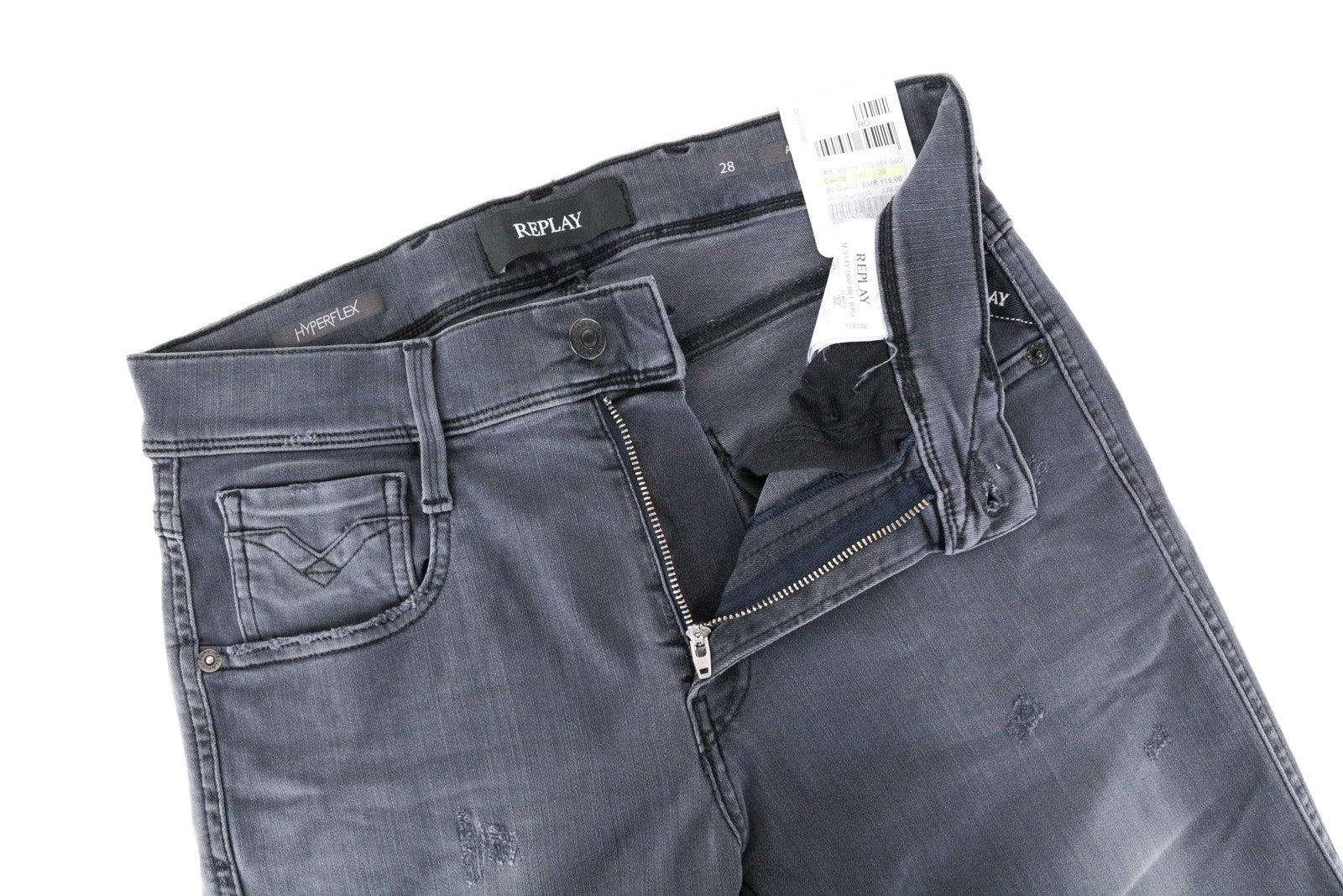 REPLAY Anbass Men Jeans W28/L32 Grey Slim Fitted Hyperflex Stretch Distressed
