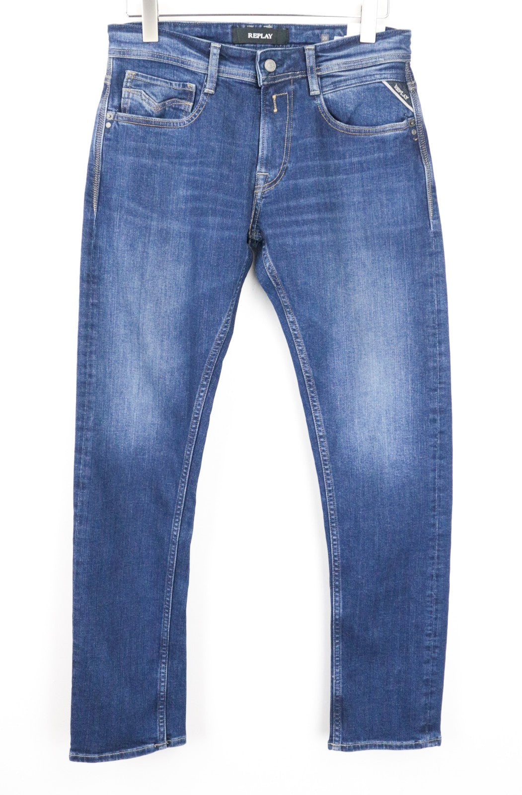 REPLAY Rob Men Jeans W29/L32 Bright Blue Straight Tapered Fit Stretch Zip-Fly