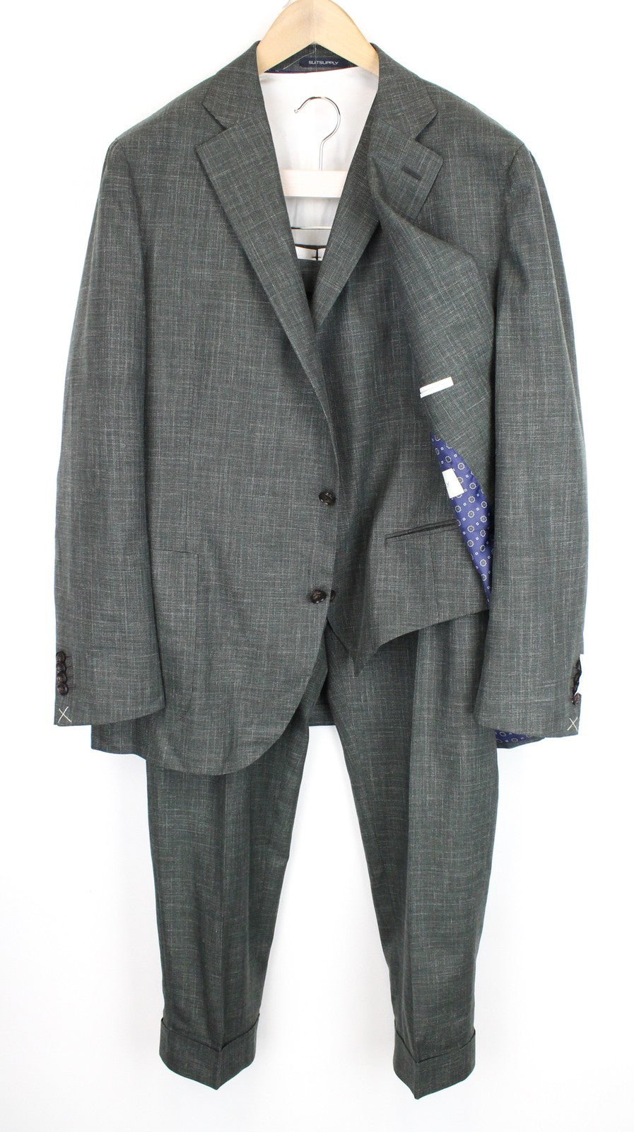 SUITSUPPLY La Spalla Men Suit UK50R Green Melange 3-Piece Wool Silk Linen Pleat