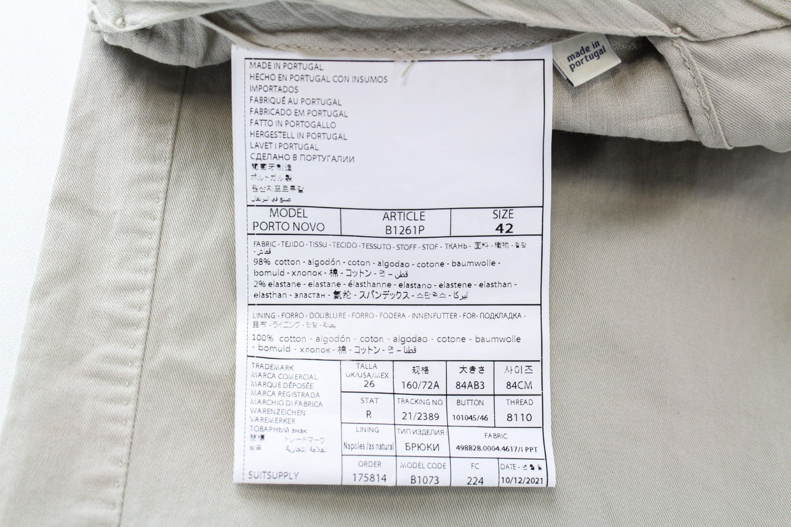 SUITSUPPLY Porto Novo Men Trousers UK26R Cotton Stretch Classic Chino Brown