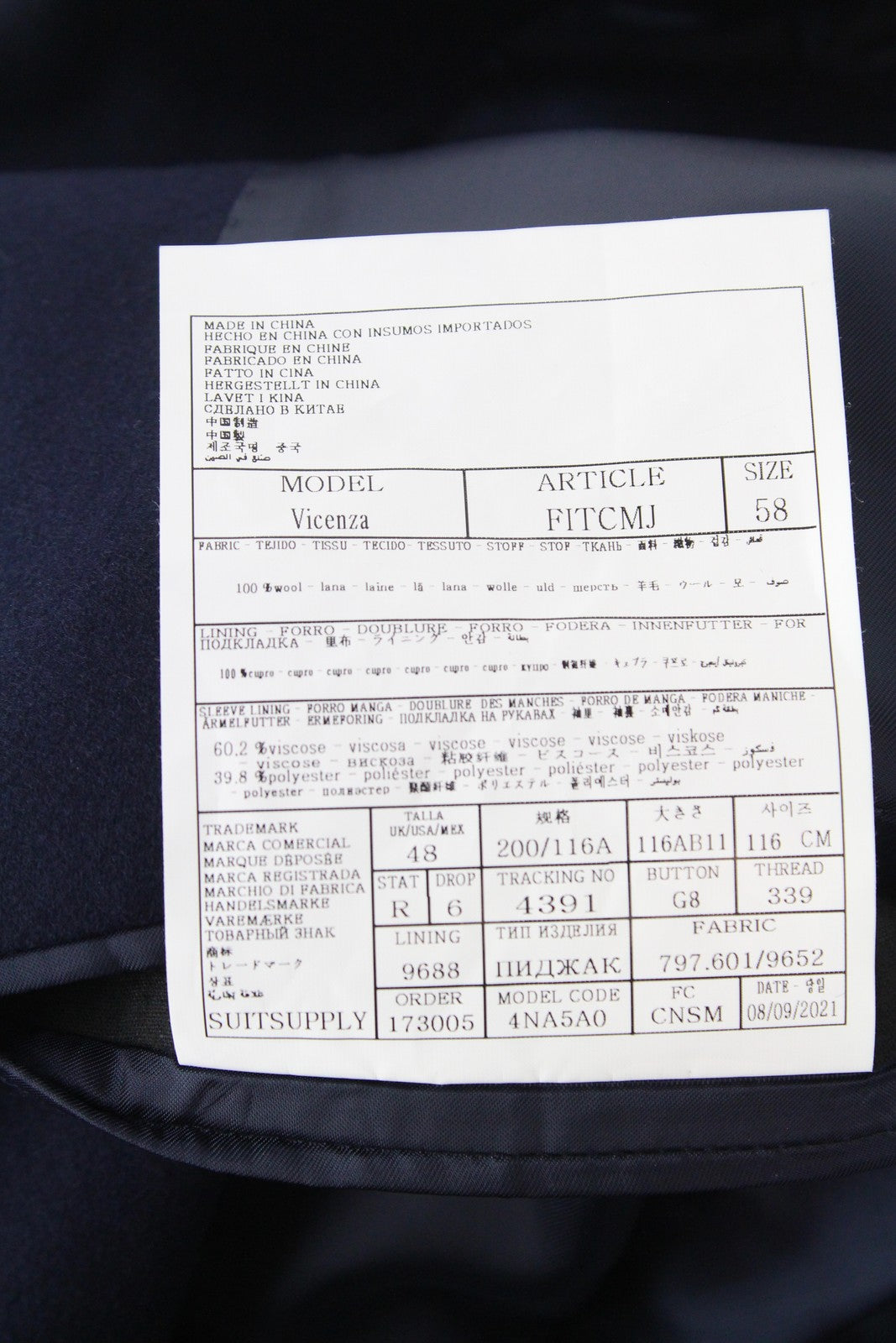 SUITSUPPLY Vicenza Men Coat UK48R Flannel Mid-Length Lined Pure Wool Navy