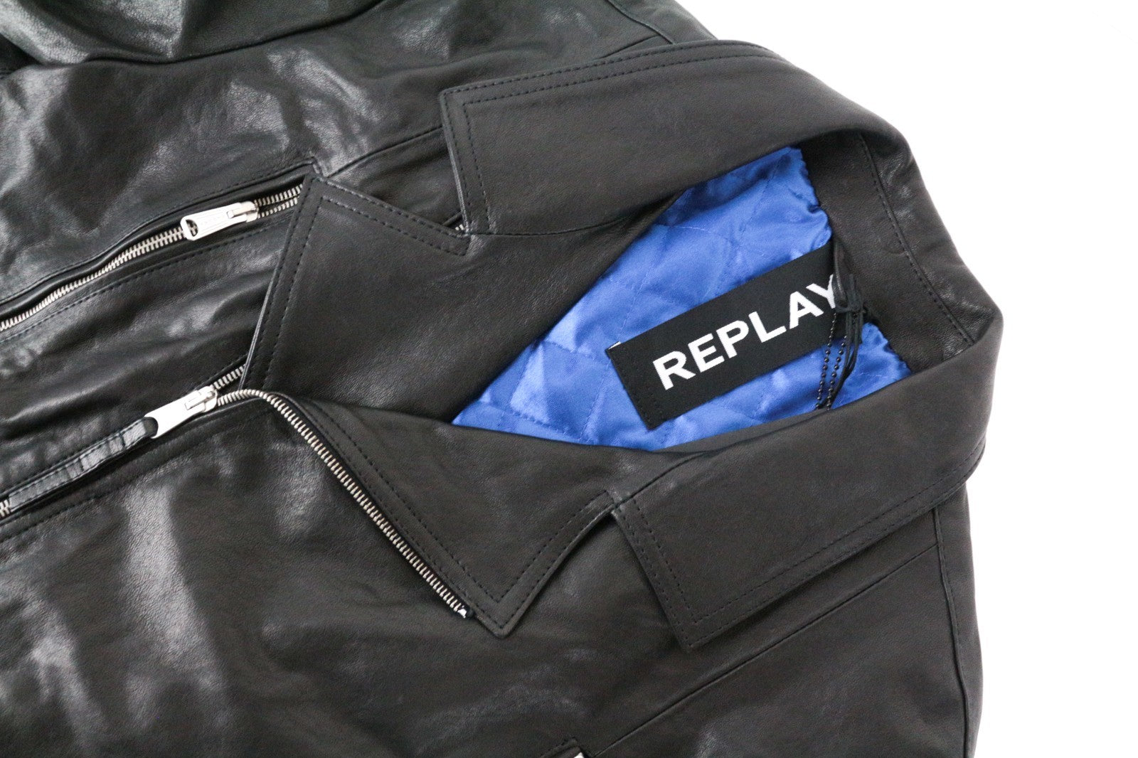 REPLAY Men Jacket XL Pure Lambskin Biker Black Lined Belted Collared RRP499