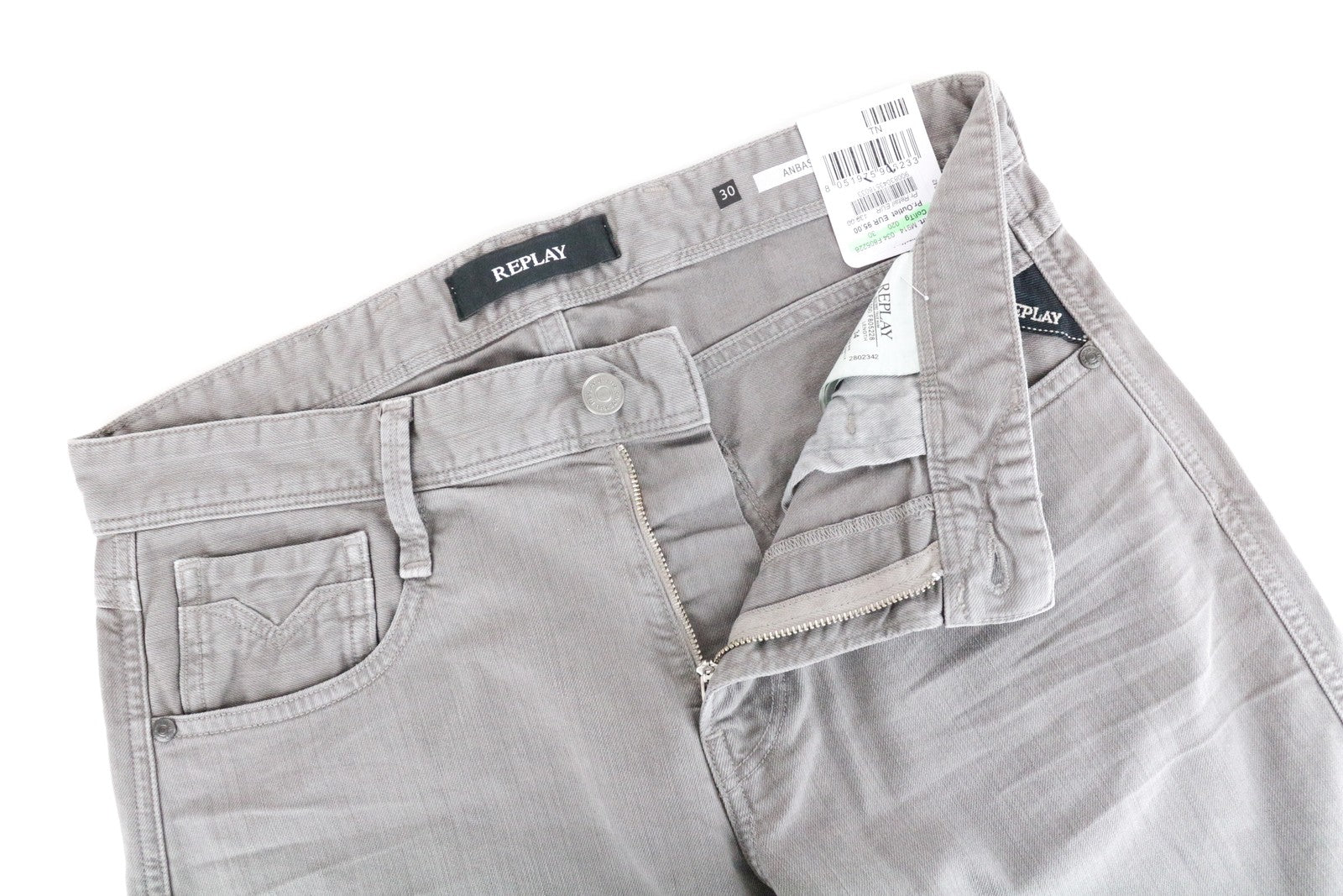 REPLAY Anbass Men Jeans W30/L34 Light Grey Zip-Fly Stretch Denim Slim Fit