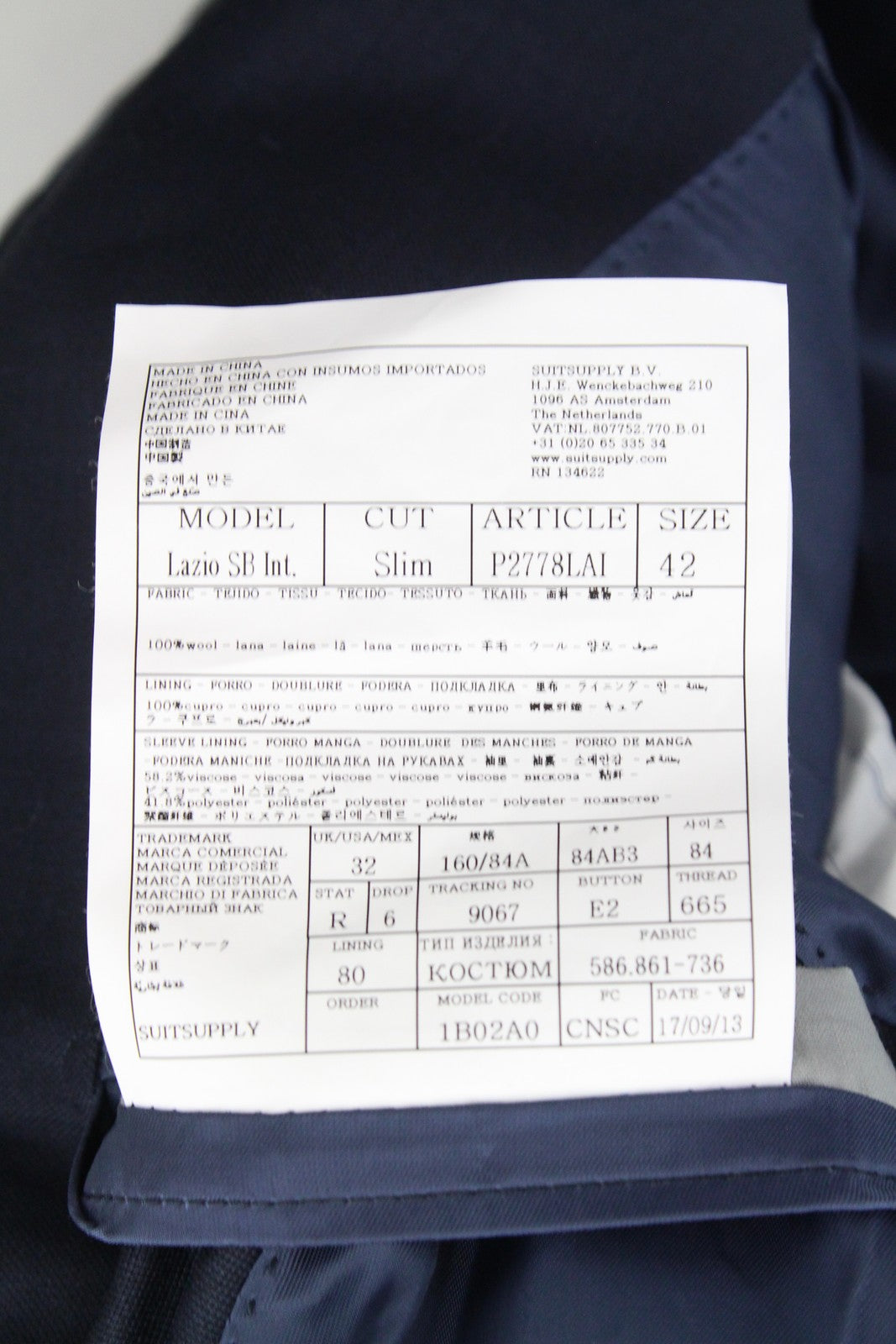 SUITSUPPLY Lazio SB Int. Men Suit UK32R Dark Blue Lined Slim Pure Wool 2 Piece