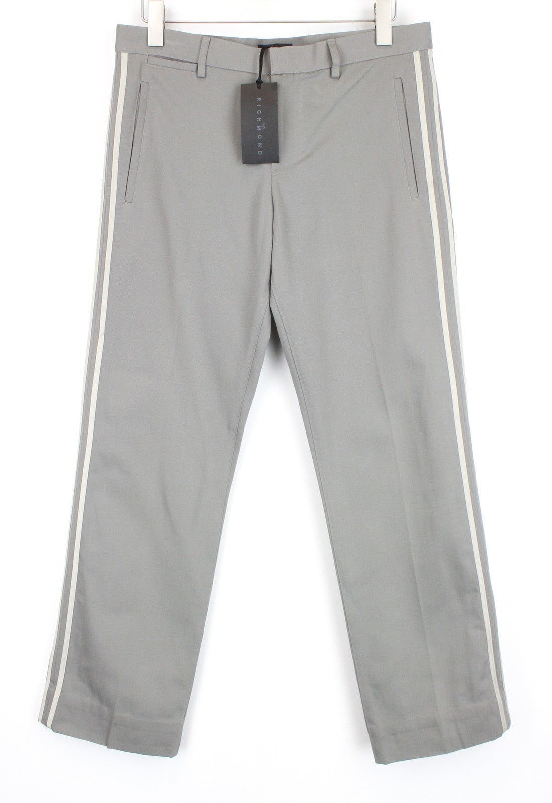 JOHN RICHMOND  Men Trousers 48 Pure Cotton Grey Side Lines Pleated Front