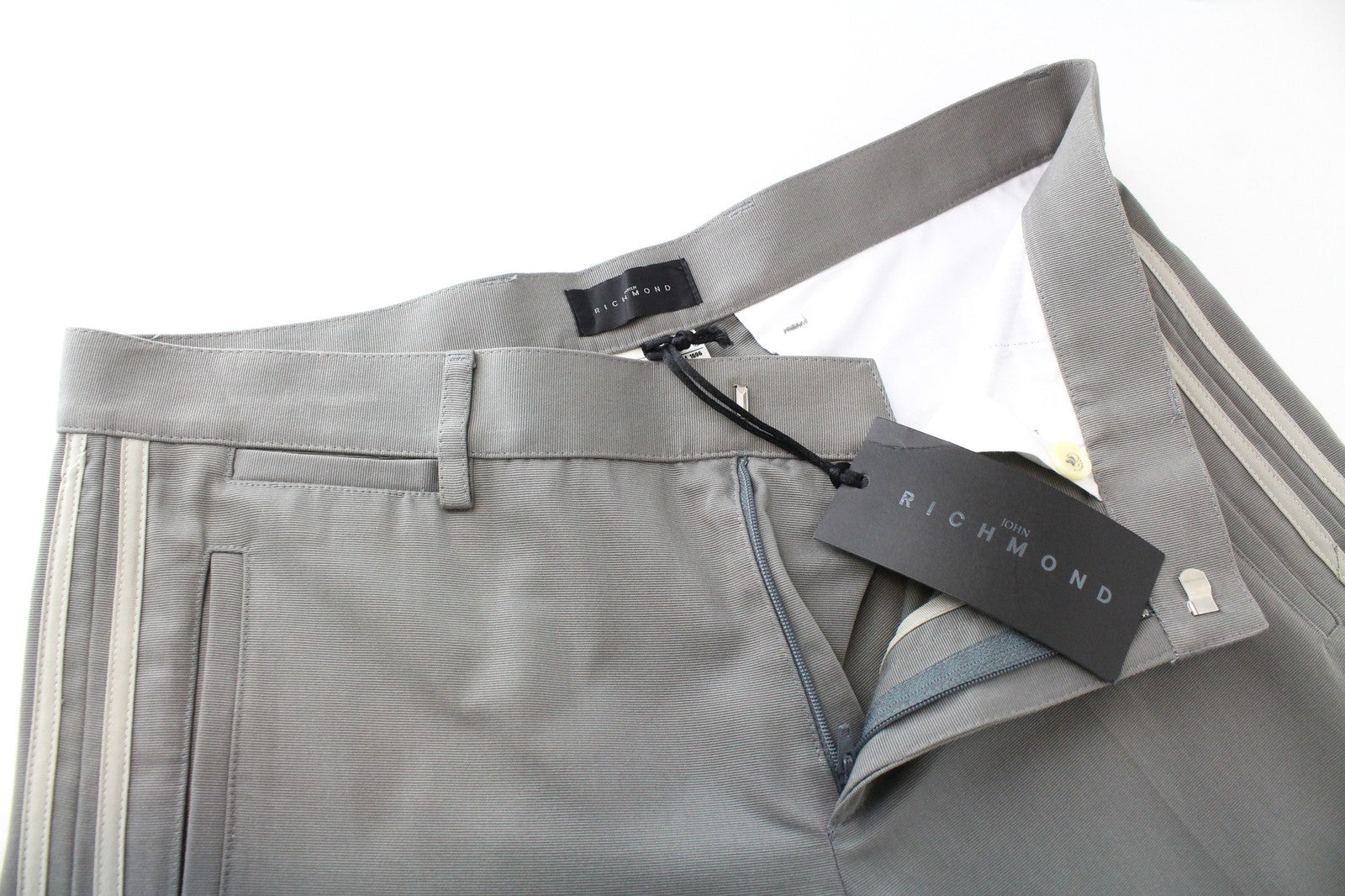 JOHN RICHMOND  Men Trousers 48 Pure Cotton Grey Side Lines Pleated Front