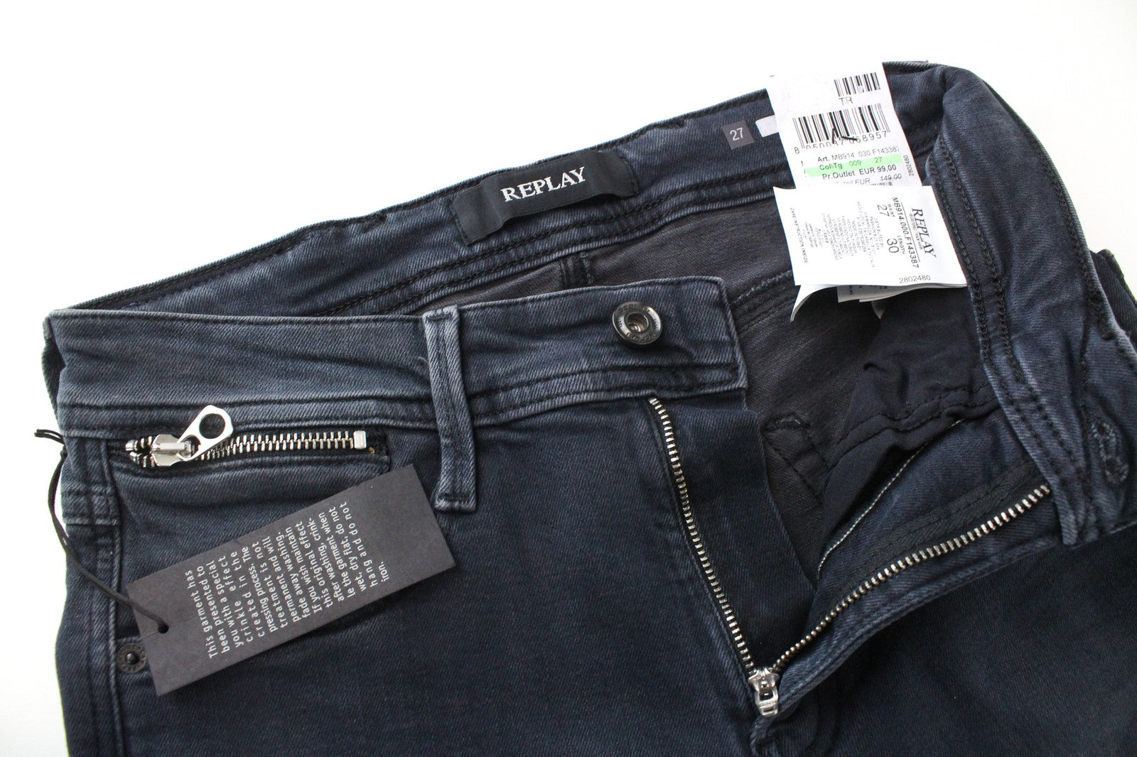 REPLAY Anbass Men Jeans W27/L30 Slim Fit Cotton Stretch Grey Blue Washed Denim