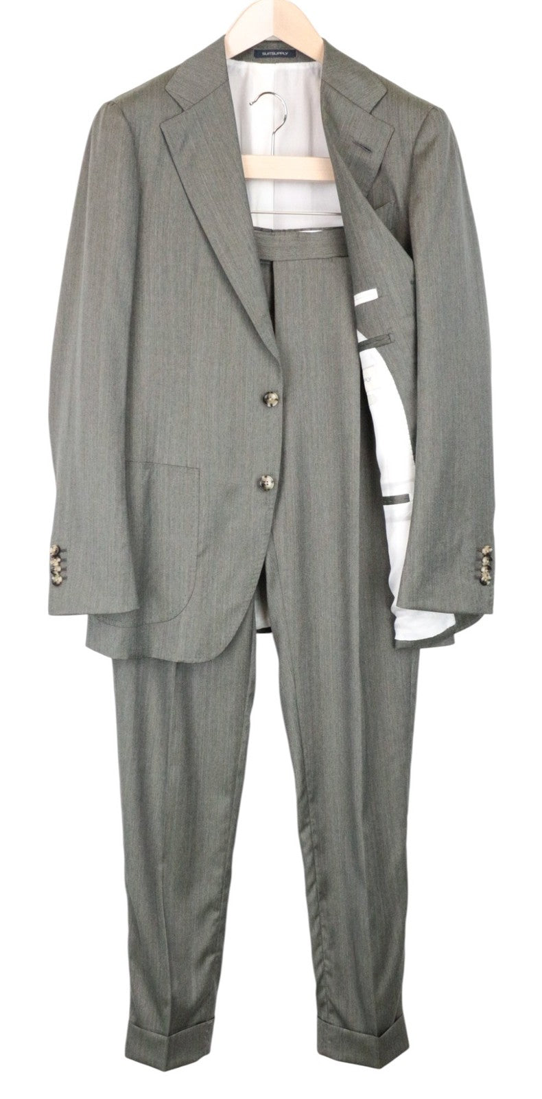 SUITSUPPLY Havana Patch Men Suit UK38R Green Slim Wool Silk Pleated 2 Piece