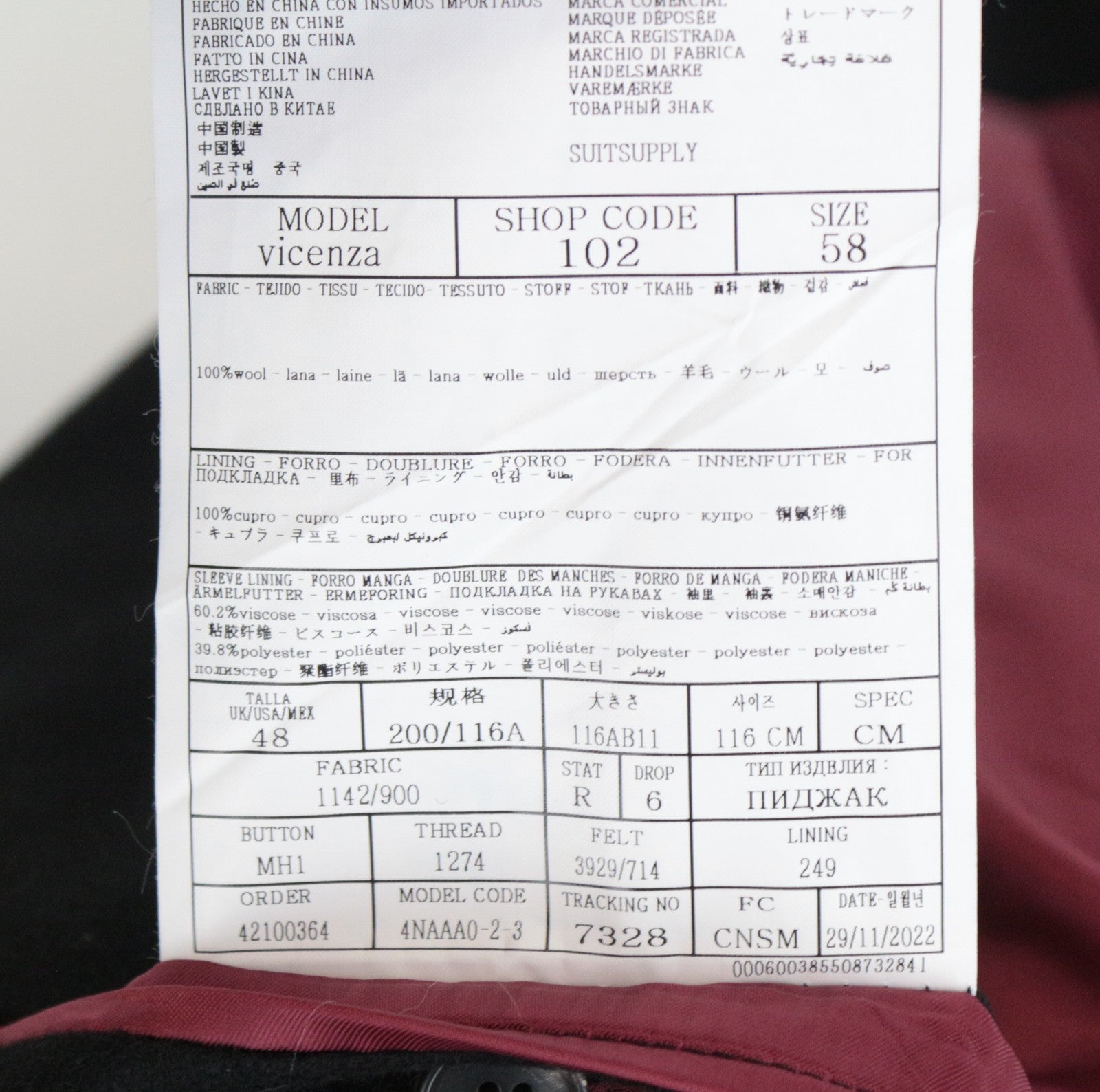 SUITSUPPLY Vicenza Men Coat UK48R Black Pure Wool Single-Breasted Lined