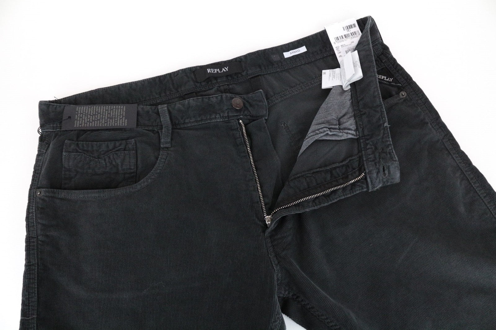 REPLAY Anbass Men Trousers W38/L34 Slim Cotton Stretch Grey Corduroy