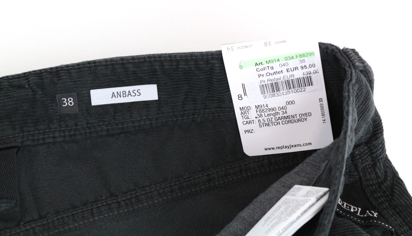 REPLAY Anbass Men Trousers W38/L34 Slim Cotton Stretch Grey Corduroy