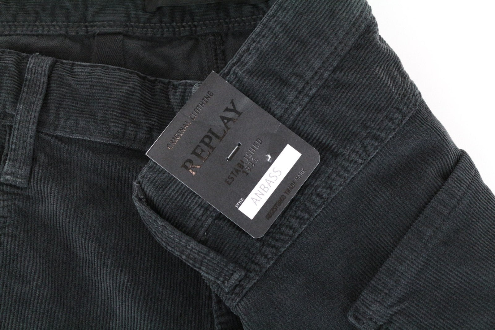 REPLAY Anbass Men Trousers W38/L34 Slim Cotton Stretch Grey Corduroy