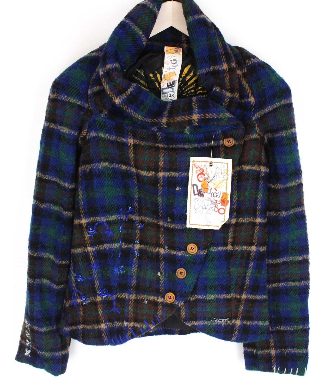 DESIGUAL Women Jacket 38 M Blue Green Wool Blend Checked Pattern Long Sleeved