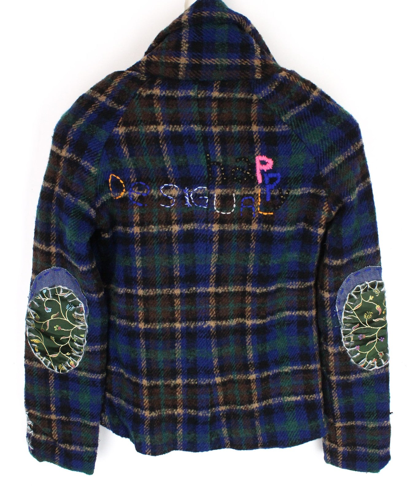 DESIGUAL Women Jacket 38 M Blue Green Wool Blend Checked Pattern Long Sleeved