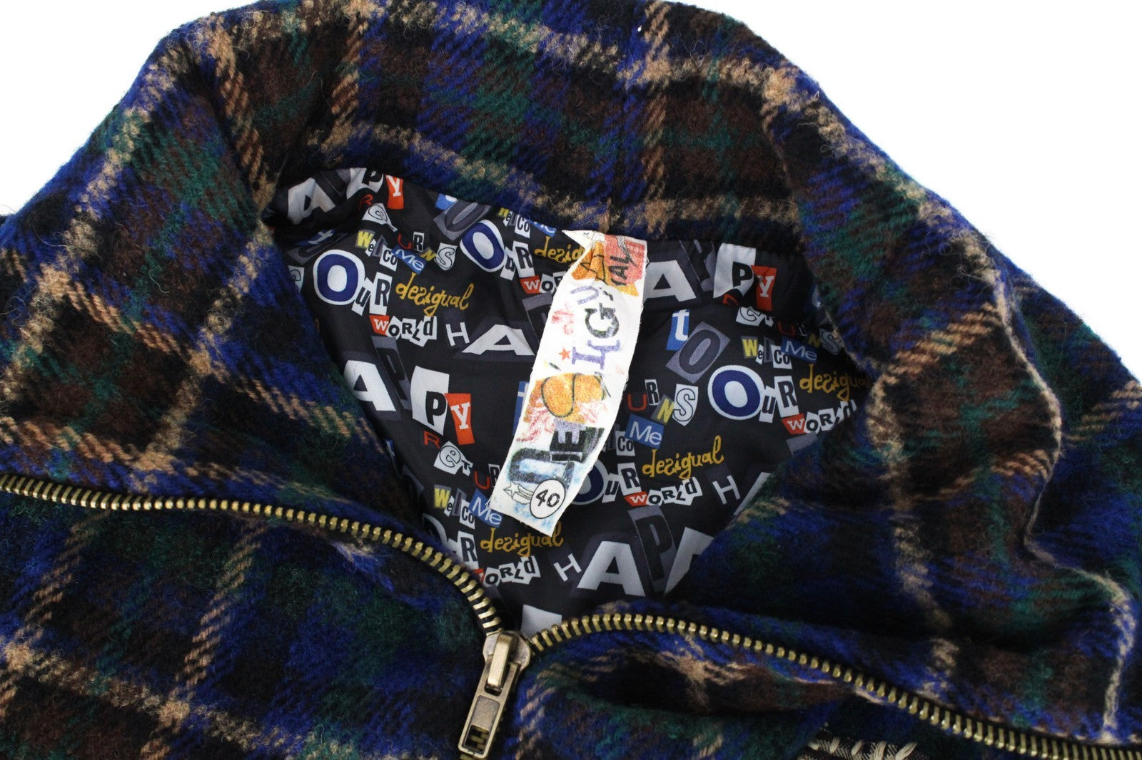 DESIGUAL Women Jacket 40 L Blue Wool Blend Checked Short Sleeved Zipped