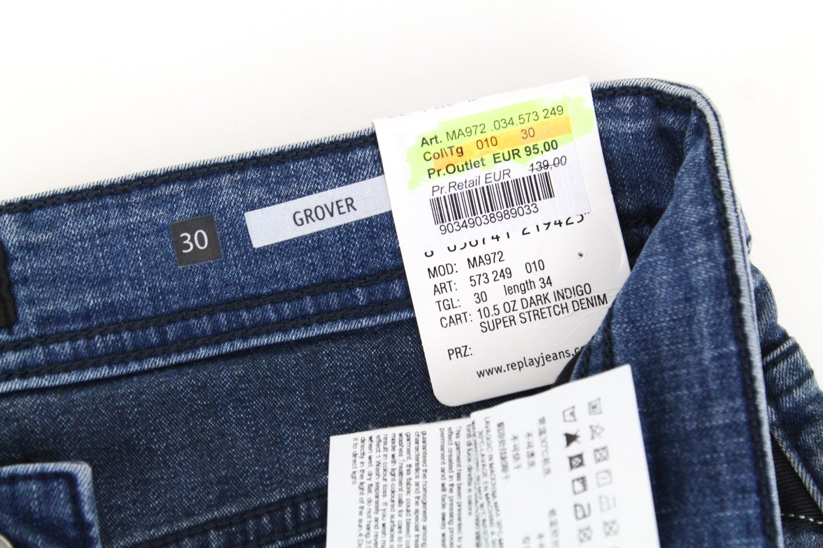 REPLAY Grover Men Jeans W30/L34 Super Stretch Button-Fly Blue Straight Classic