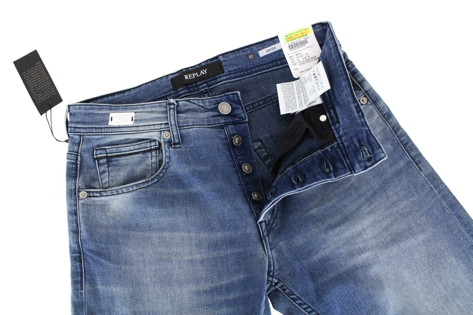 REPLAY Grover Men Jeans W30/L34 Super Stretch Button-Fly Blue Straight Classic