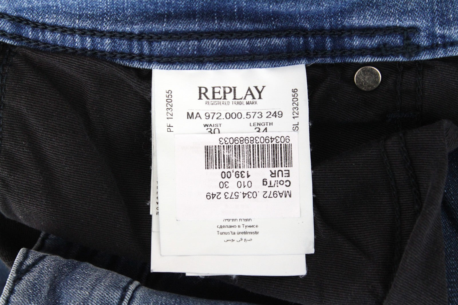 REPLAY Grover Men Jeans W30/L34 Super Stretch Button-Fly Blue Straight Classic