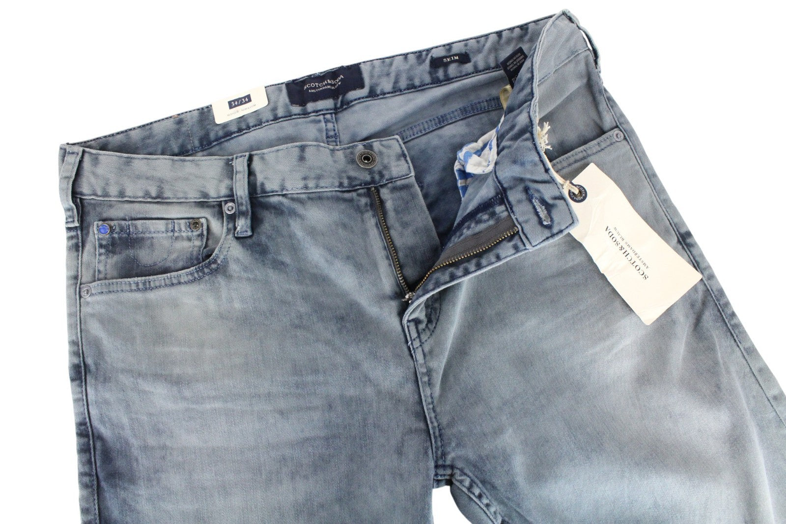 SCOTCH & SODA Skim Men Jeans W34/L34 Blue Skinny Washed Dress Stretchy Zip Fy