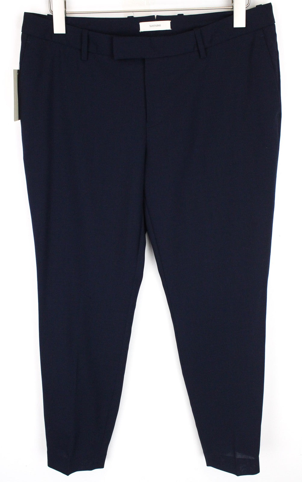 SUISTUDIO Robin Women Trousers UK14 W35 Formal Classic Flat Front Wool Slim Blue