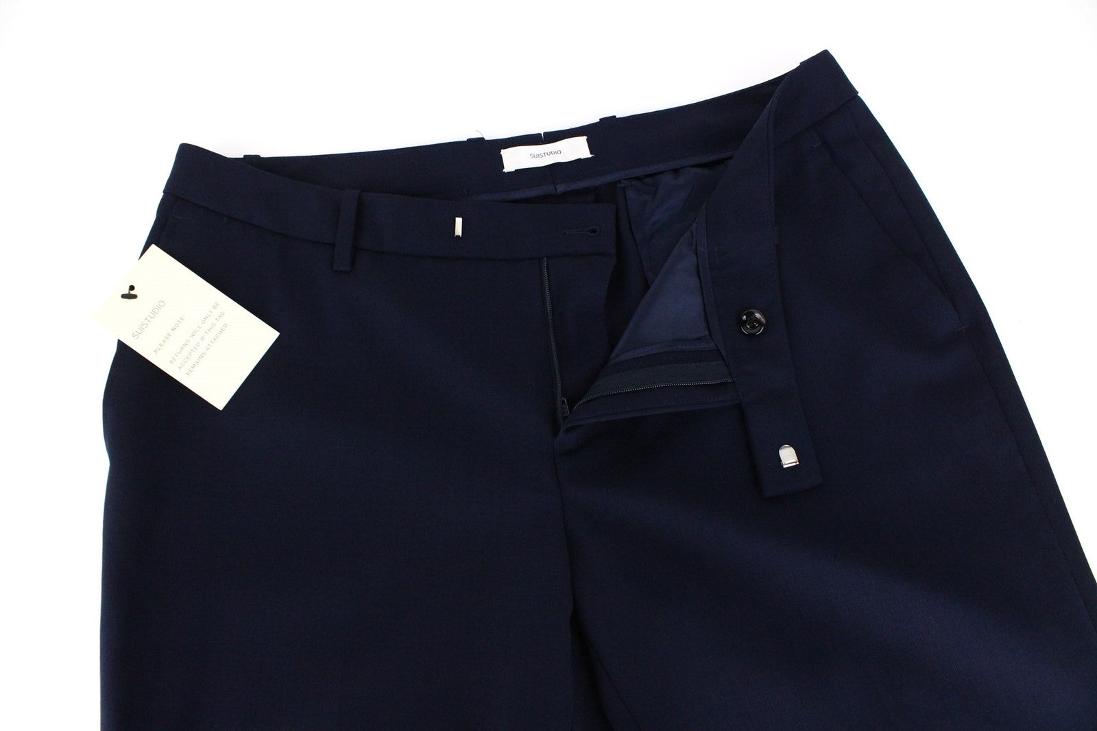 SUISTUDIO Robin Women Trousers UK14 W35 Formal Classic Flat Front Wool Slim Blue