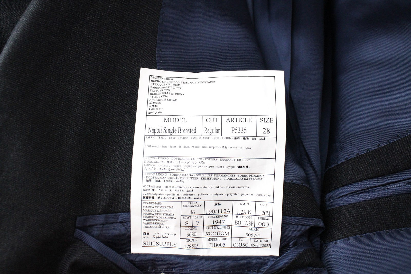 SUITSUPPLY Napoli Men Suit UK46S Blue Wool Lined Single-Breasted 2 Piece
