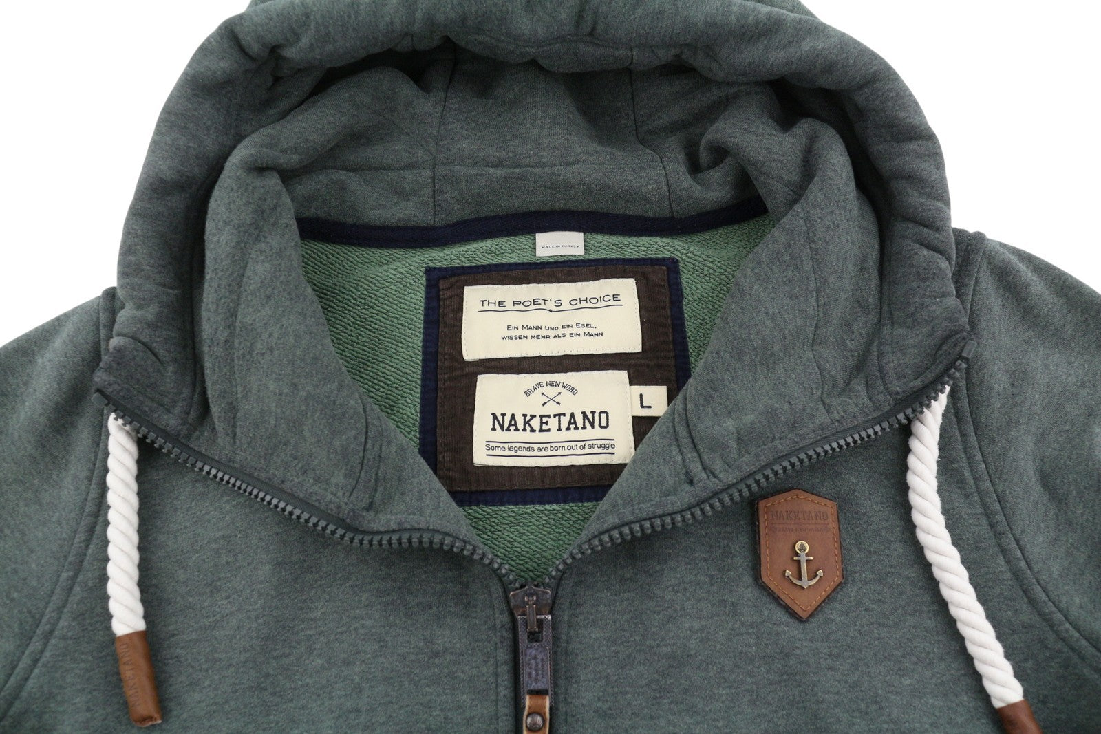 NAKETANO Men Hoodie L Green Melange Long Sleeve Full Zip