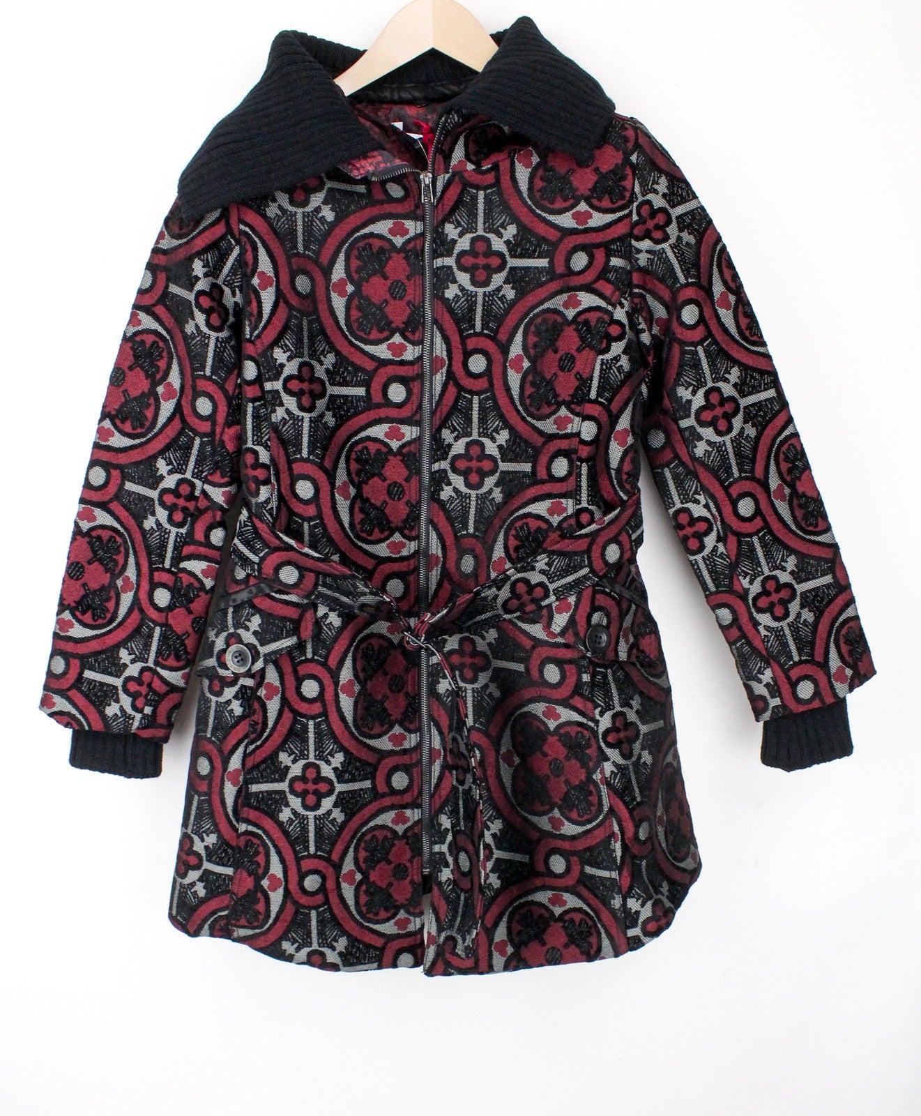 DESIGUAL Sagitario Women Coat EU38 M Red Grey Patterned Zipped Hooded Lined