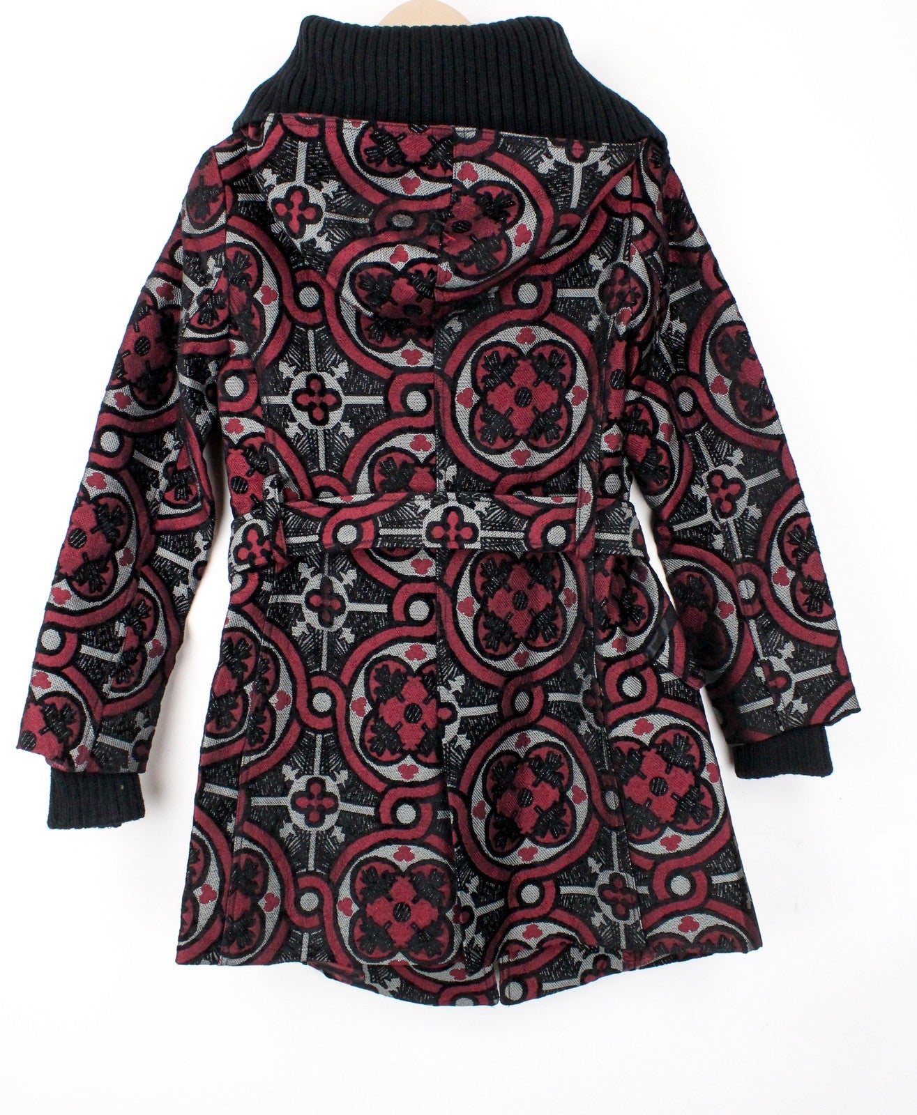 DESIGUAL Sagitario Women Coat EU38 M Red Grey Patterned Zipped Hooded Lined