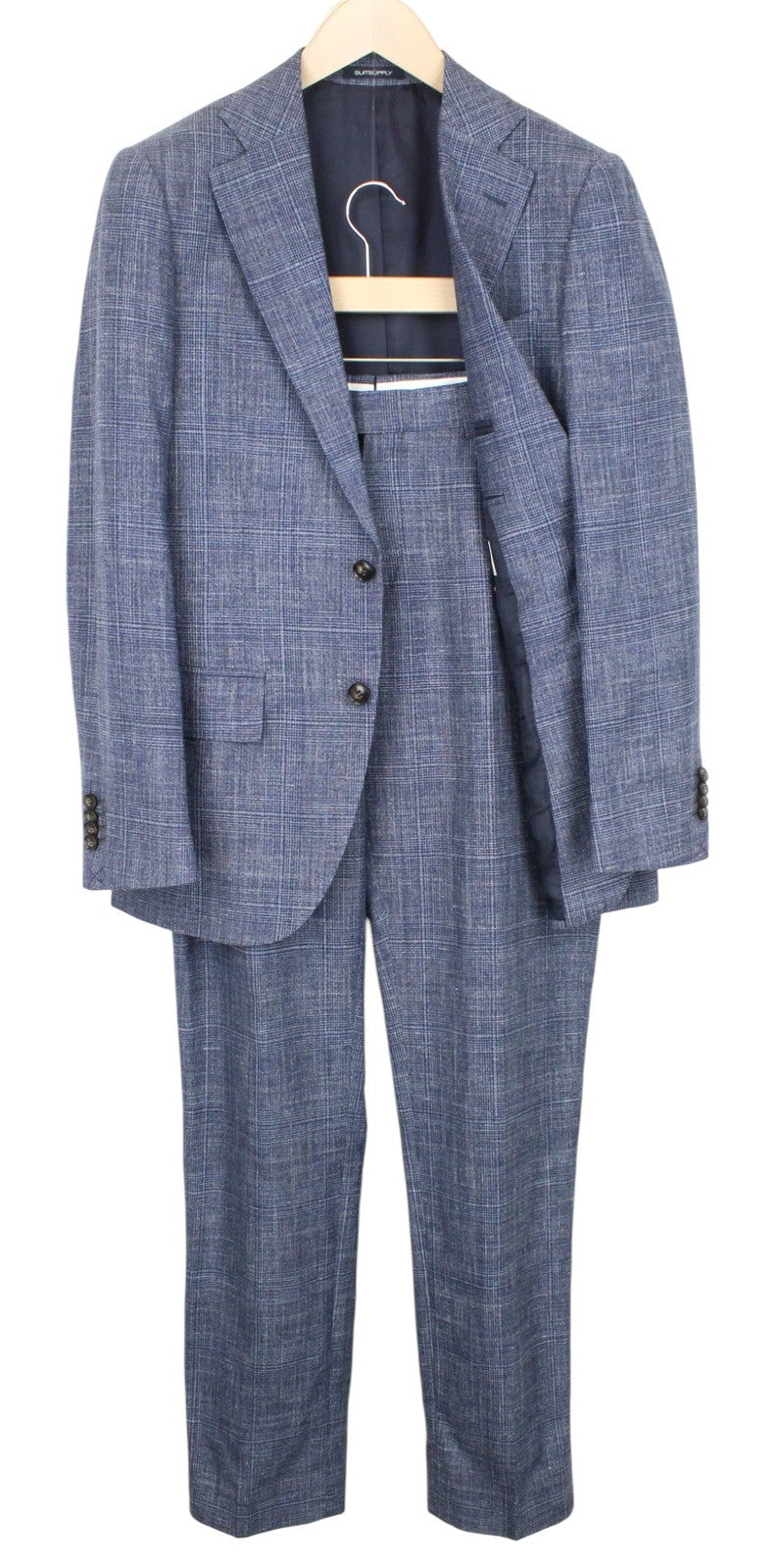 SUITSUPPLY Lazio Men Suit UK36R Blue Slim Glen Check 2-Piece Wool Silk Linen