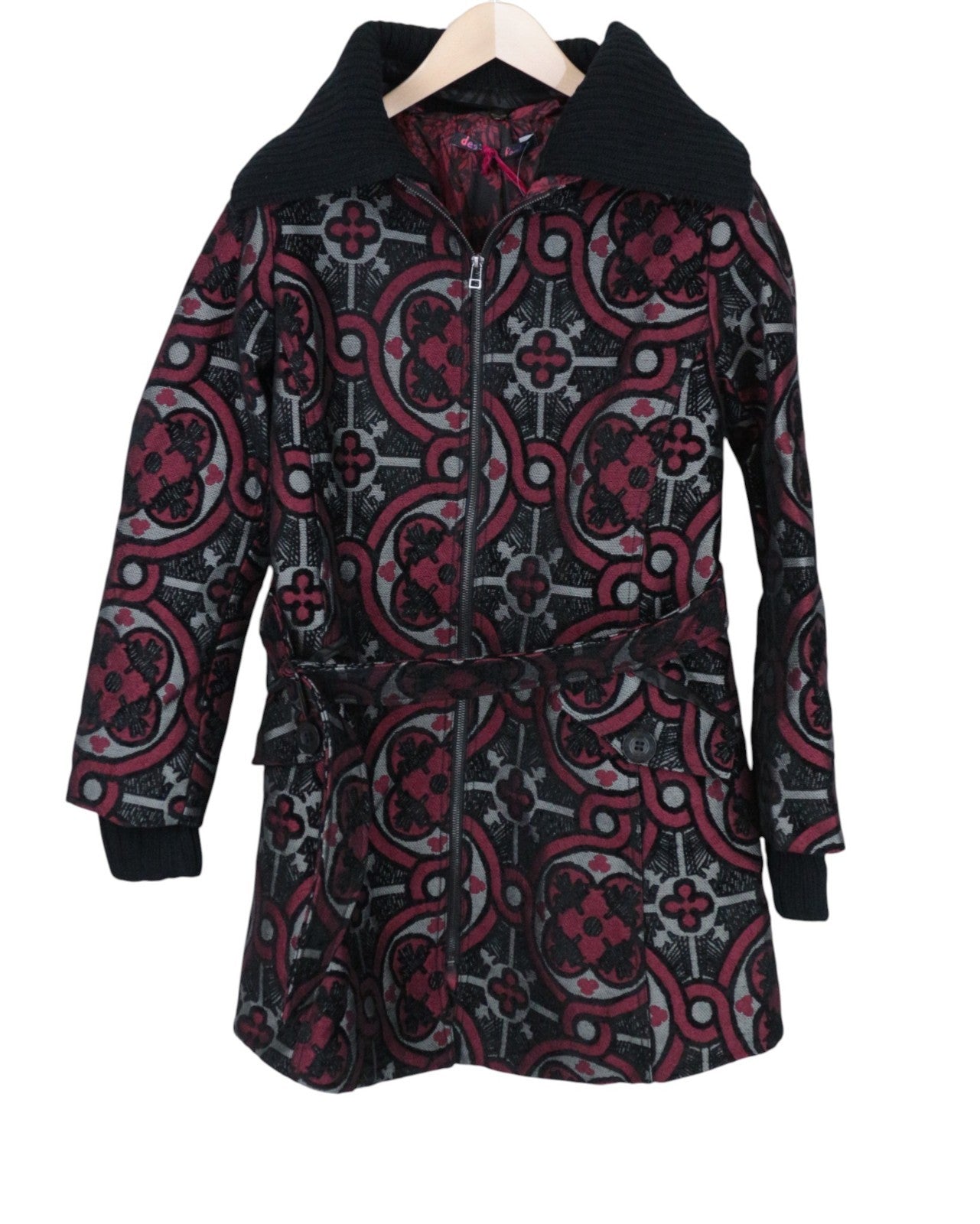 DESIGUAL Sagitario Women Coat ~EU38 Red Designer Jacquard Melange Mid-Length~