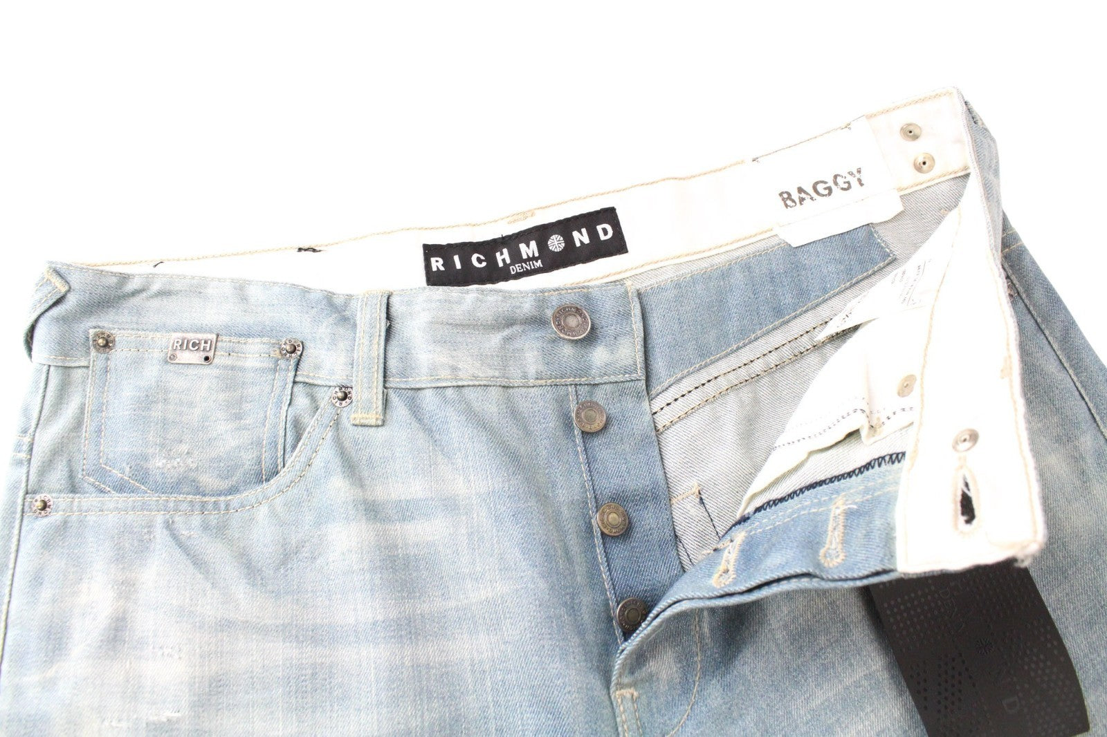 RICHMOND Men Jeans W32 Baggy Blue Wide Buttoned Non-Stretch Designer Mid-Rise
