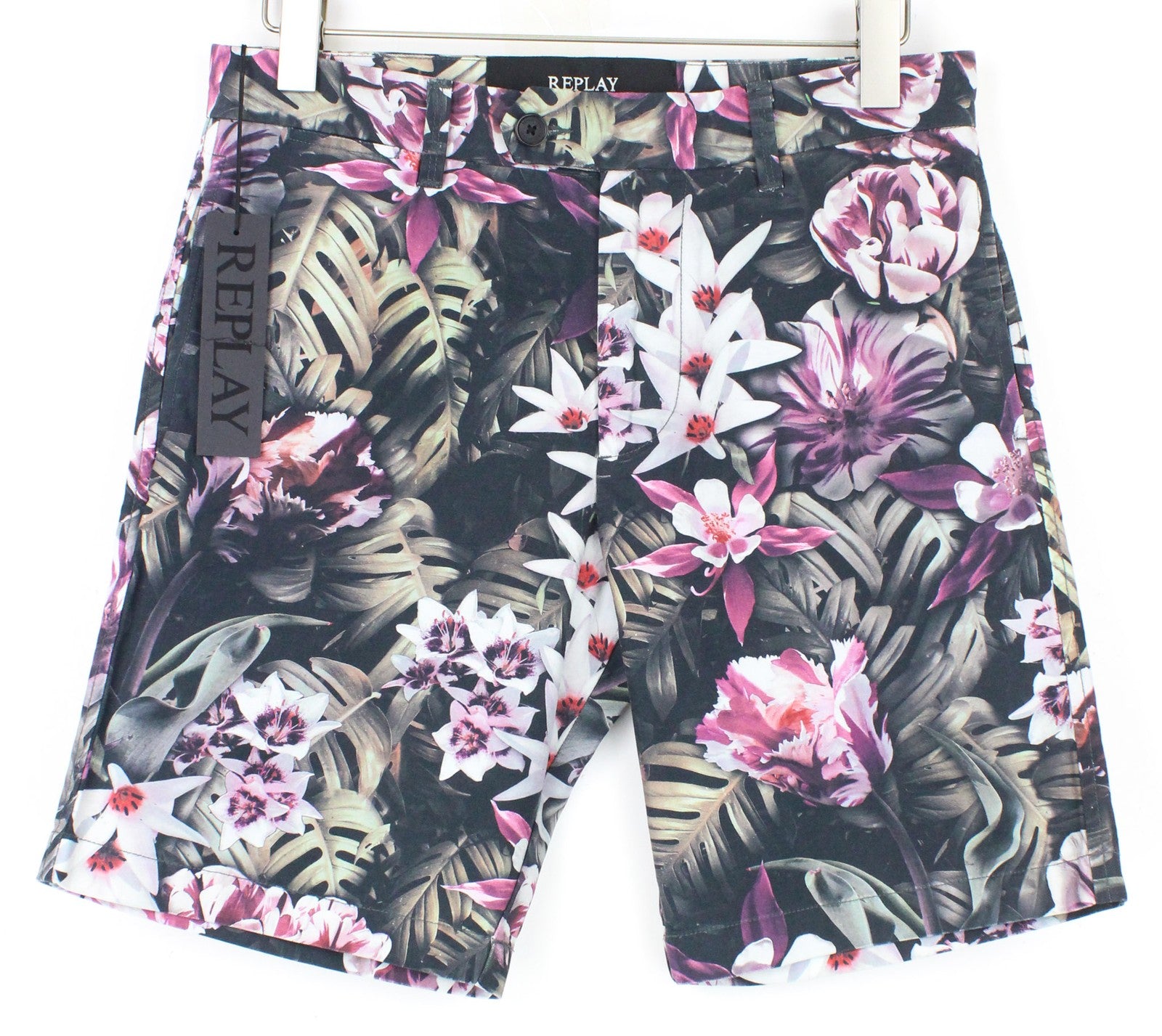 REPLAY Men Shorts W29 Black Floral Print Melange Non-Stretch Pure Cotton Zip-Fly