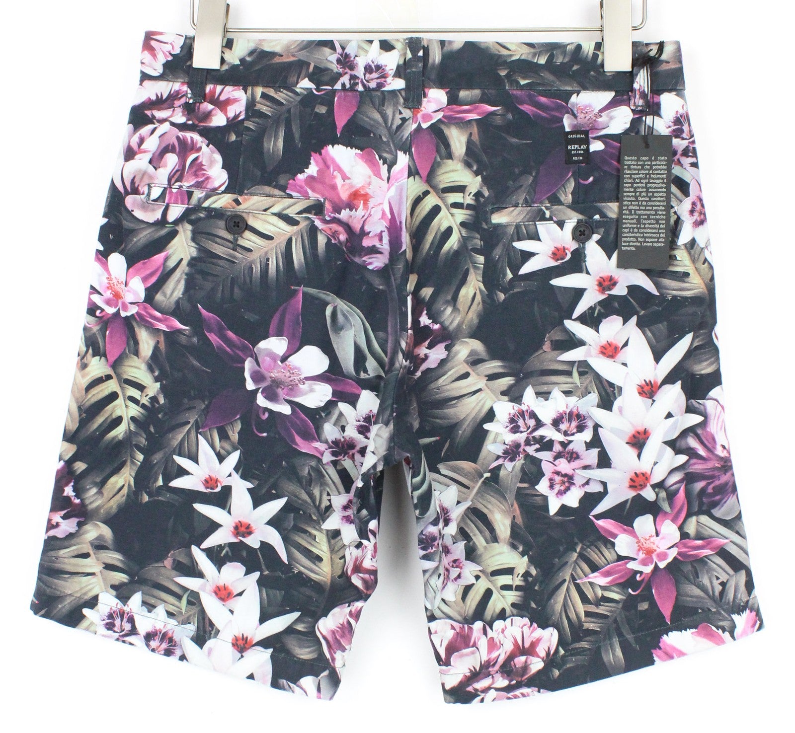 REPLAY Men Shorts W29 Black Floral Print Melange Non-Stretch Pure Cotton Zip-Fly