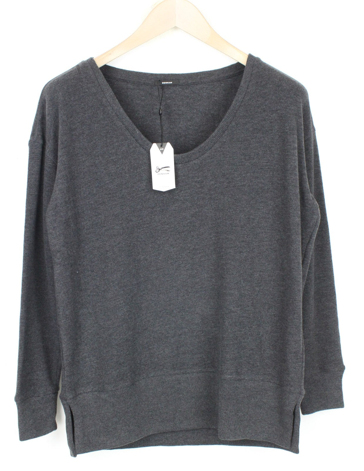 DENHAM Showa Women Jumper XS Melange Charcoal Grey V-Neck Sweater Tight-Knitted