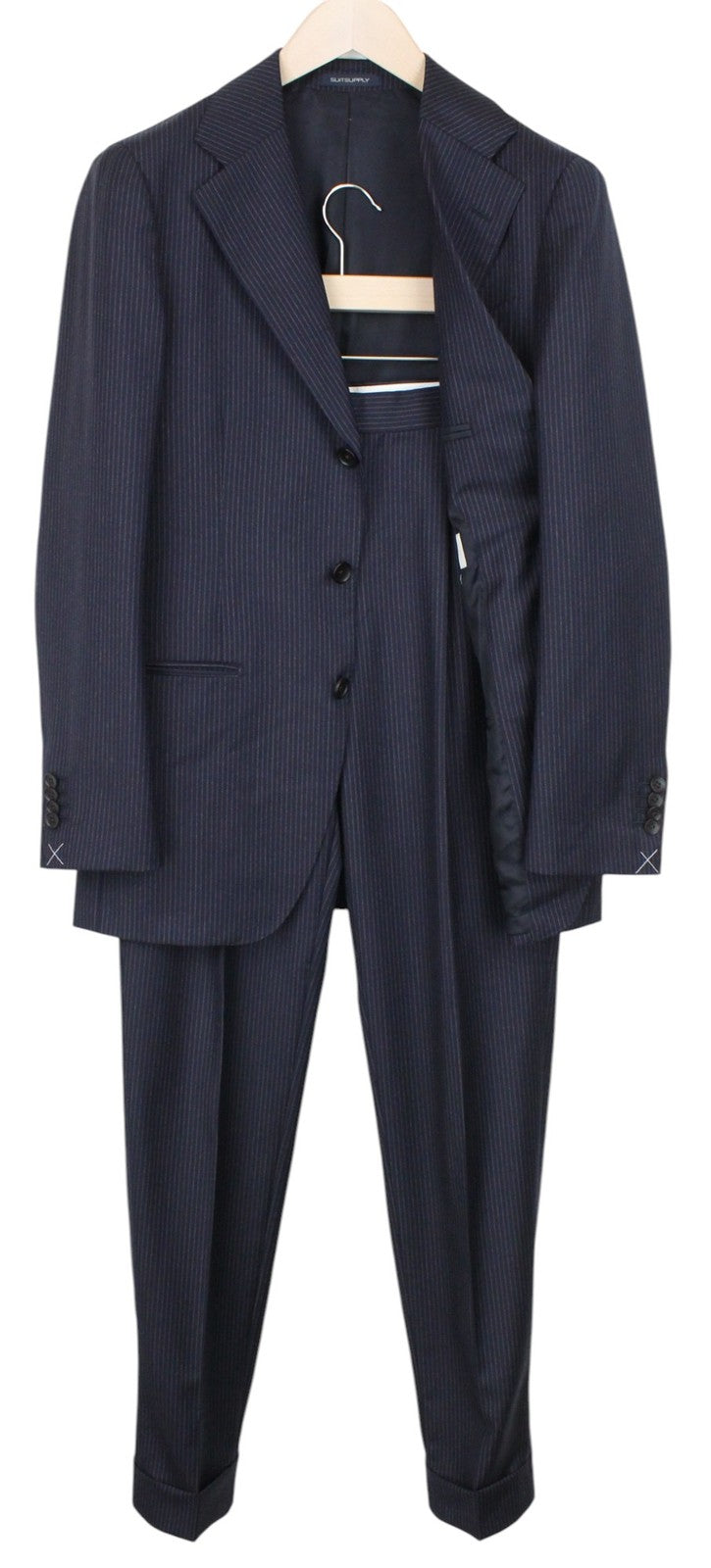 SUITSUPPLY Havana Jetted Men Suit UK36R Slim Wool Super 130's Navy Stripe 2Piece