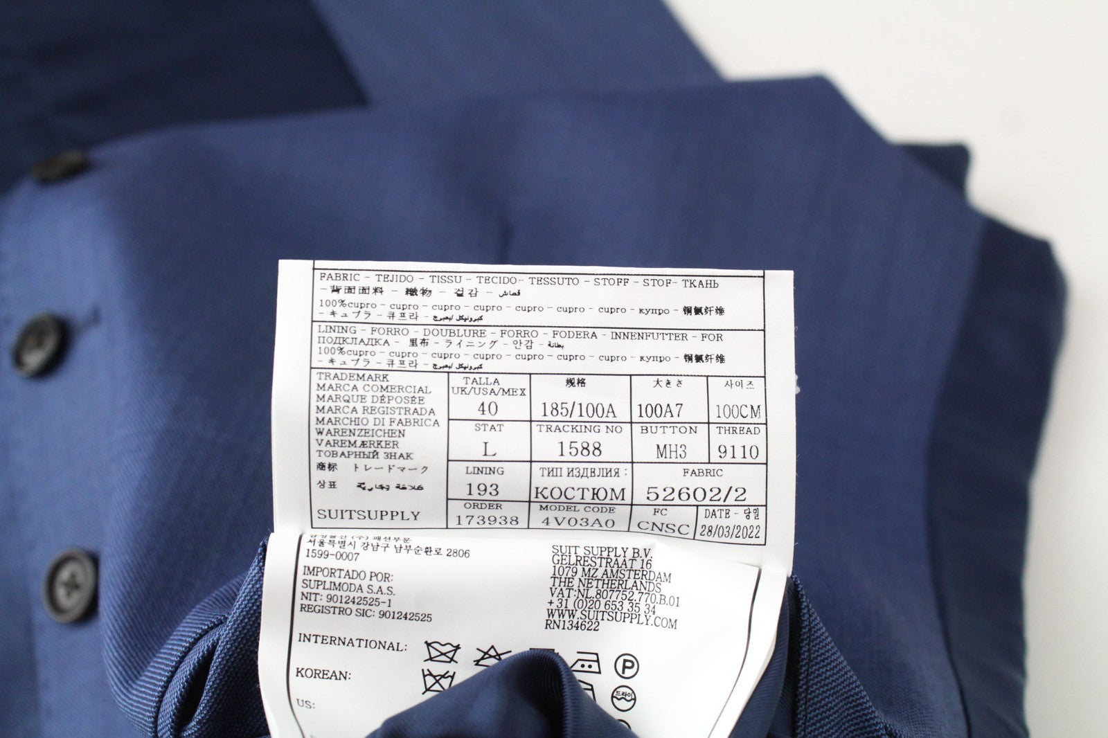 SUITSUPPLY Lazio La Spalla Men Suit UK40L Wool Super 150's Slim Blue 3 Piece