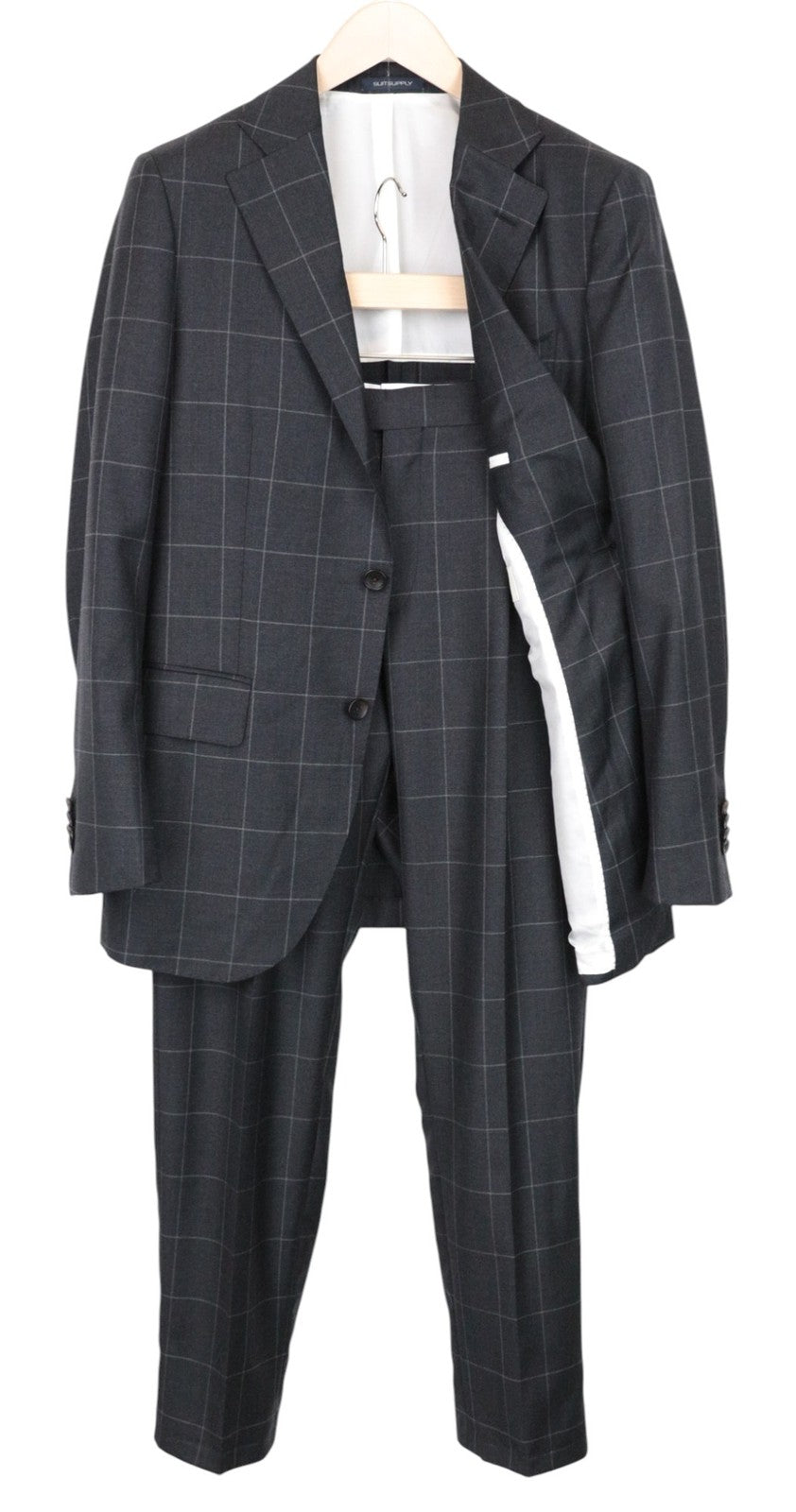 SUITSUPPLY La Spalla Men Suit UK38R Windowpane Check 2-Piece Grey Slim Wool