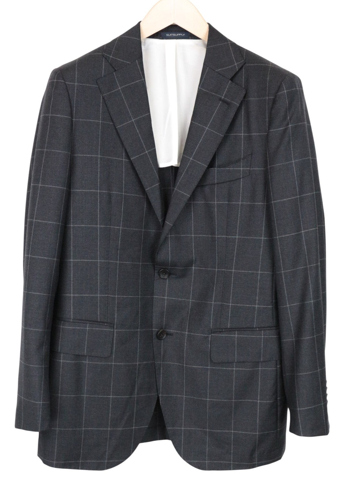 SUITSUPPLY La Spalla Men Suit UK38R Windowpane Check 2-Piece Grey Slim Wool