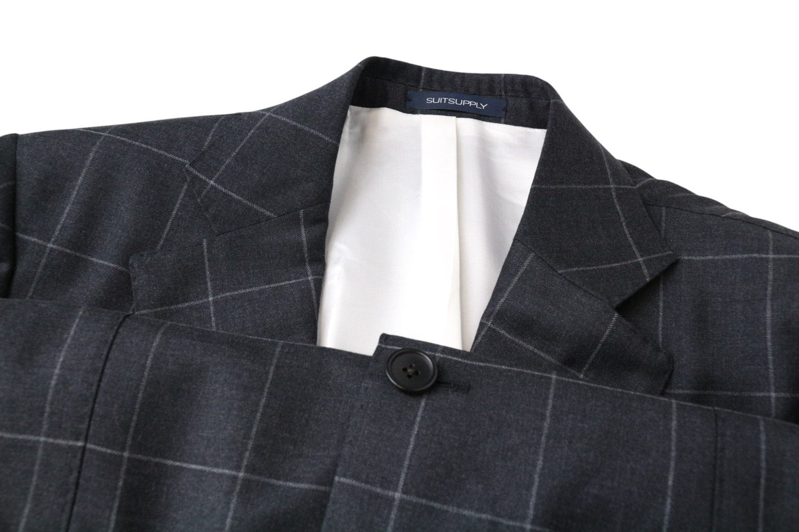 SUITSUPPLY La Spalla Men Suit UK38R Windowpane Check 2-Piece Grey Slim Wool