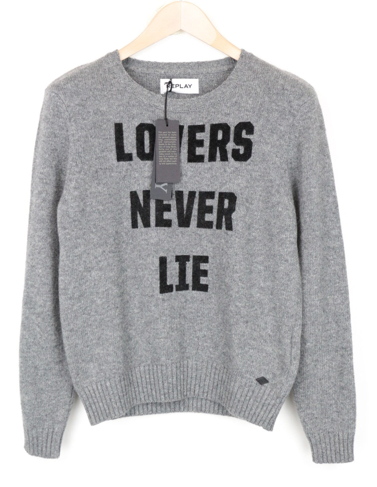 REPLAY Women Jumper S Grey Relaxed Sweater Knit Crew Neck Melange Wool Blend