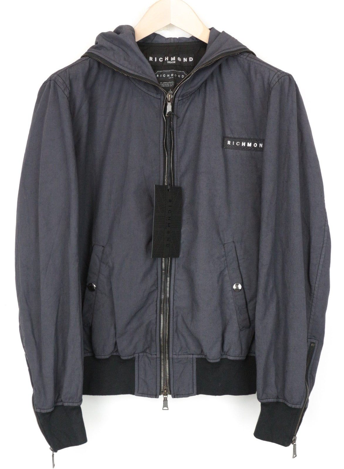 RICHMOND Men Jacket IT48 M Grey Hooded Zip Up Cotton Blend Lined Patched