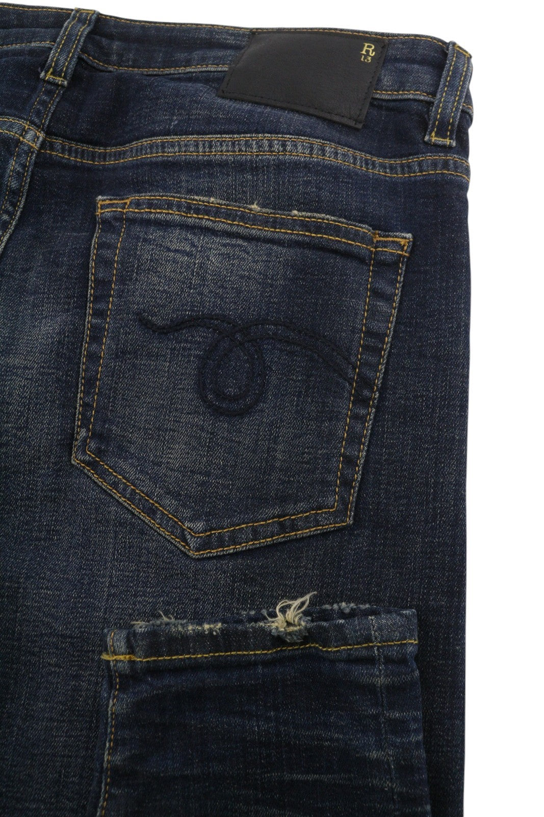 R13 Boy Skinny Women Jeans 29 Howell Indigo Whiskers Faded Cropped