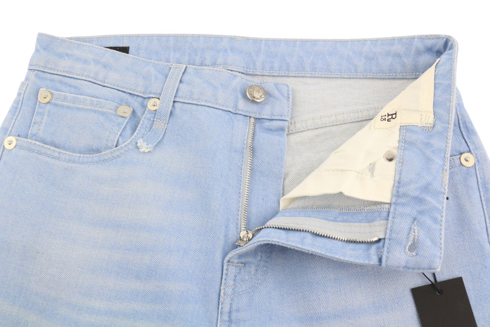 R13 Kick Fit Women Jeans 27 Baby Blue Stretch Whiskers Faded Cropped