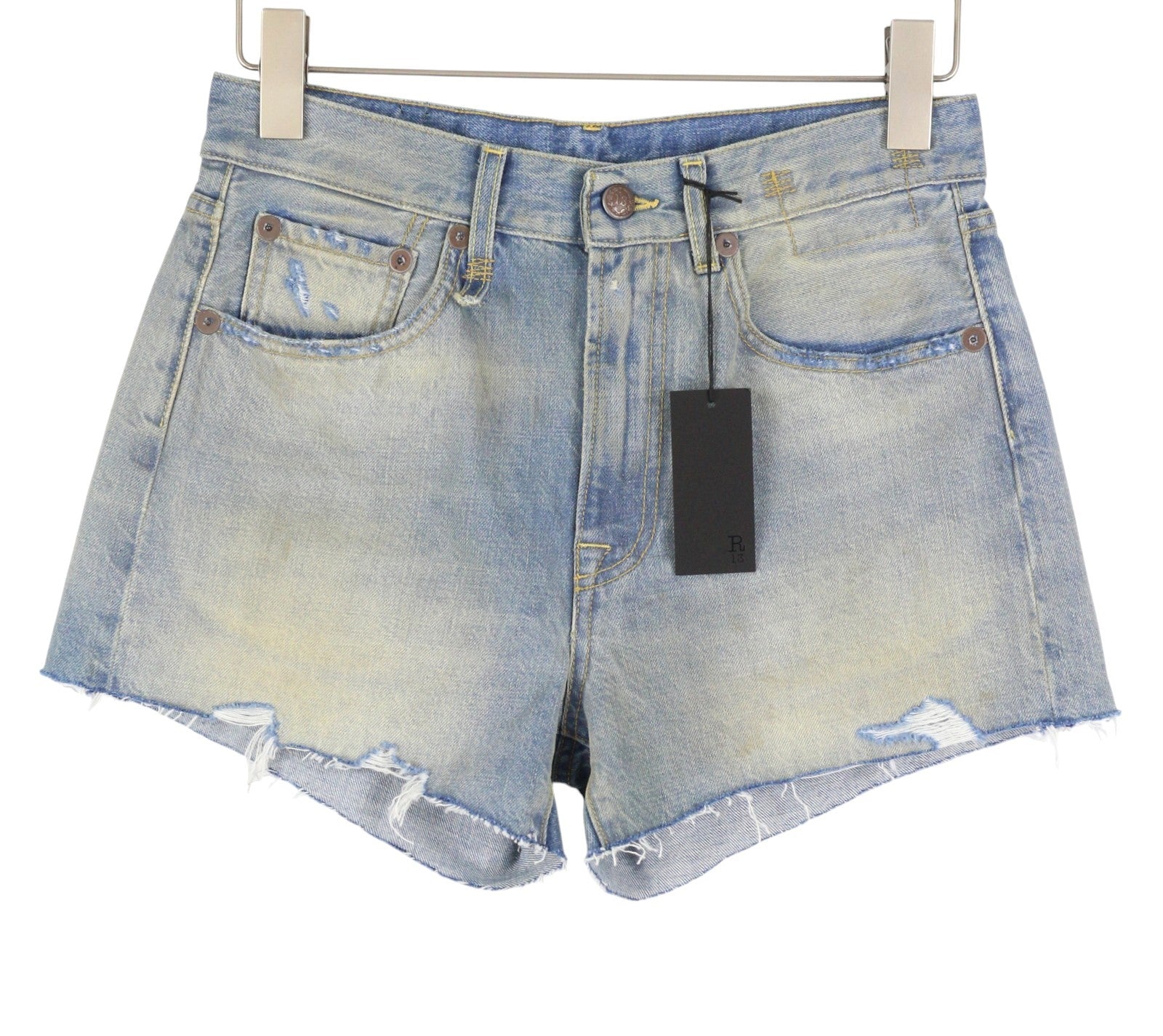 R13 X-BF Women Shorts 24 Bass Blue Whiskers Faded Aged Look Distressed SS26