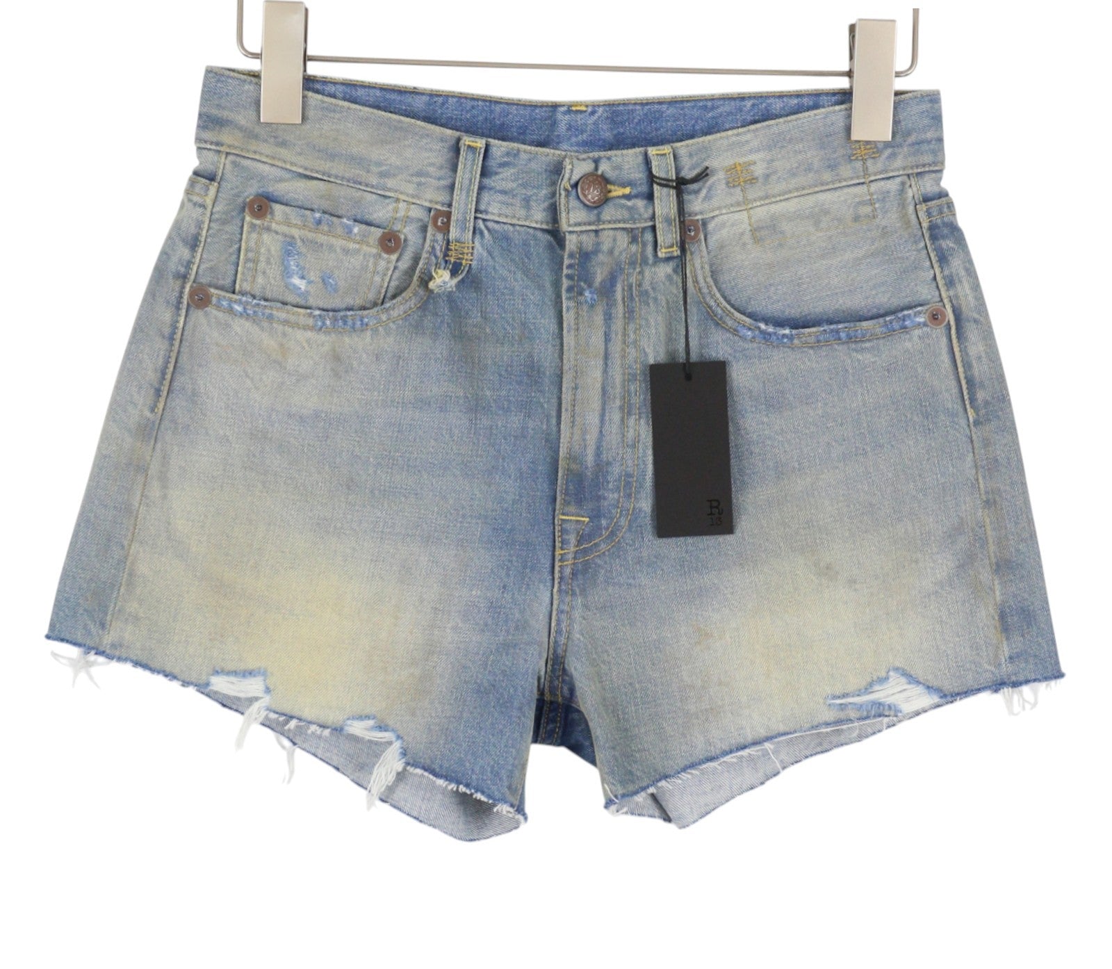 R13 X-BF Women Shorts 24 Bass Blue Whiskers Faded Aged Look Distress SS26