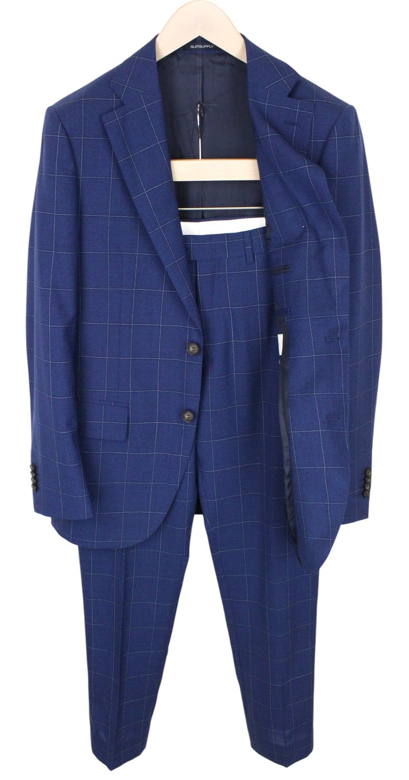 SUITSUPPLY Lazio Men Suit UK38R Blue Slim Windowpane Check 2-Piece Wool Mohair