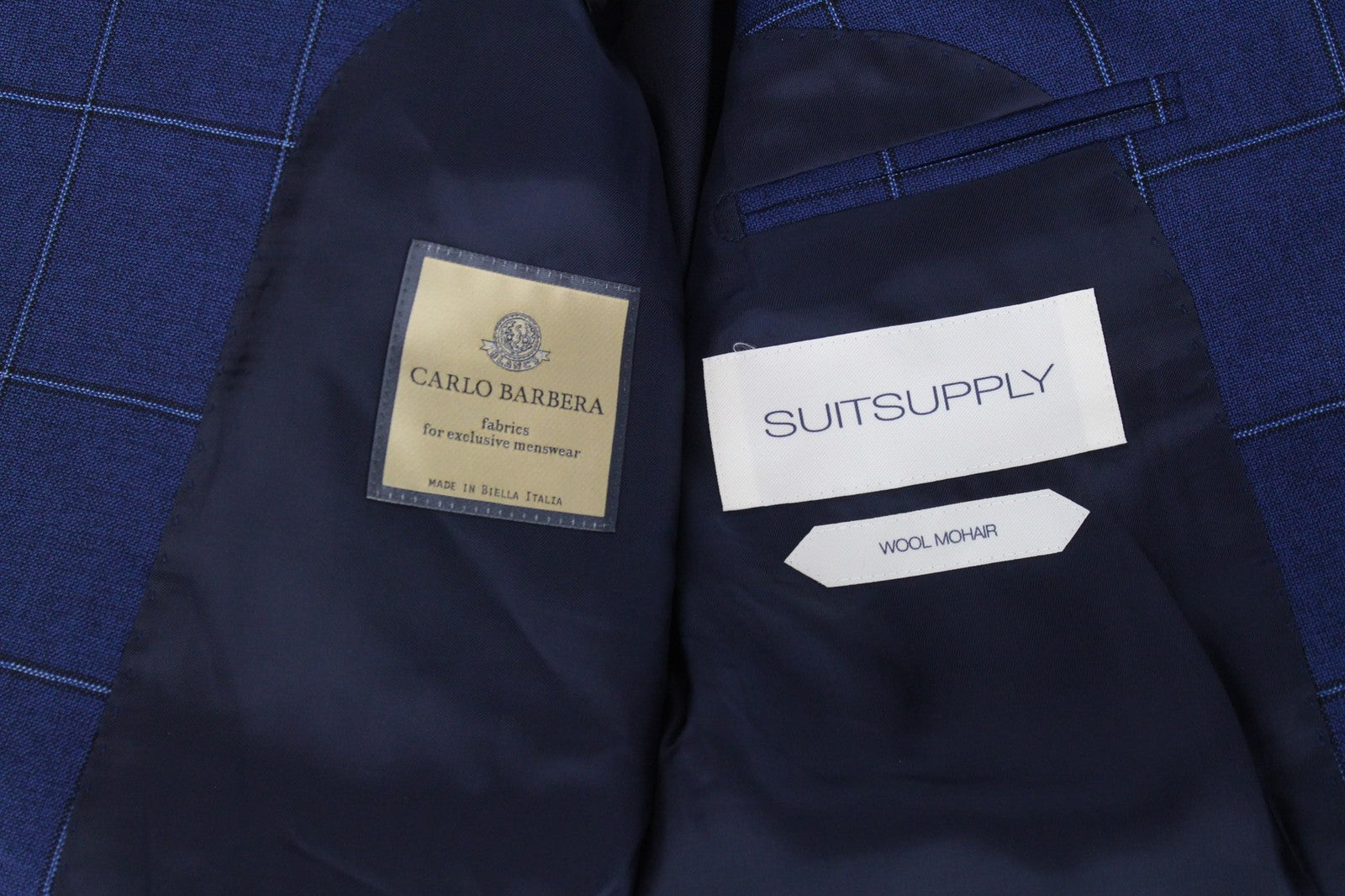SUITSUPPLY Lazio Men Suit UK38R Blue Slim Windowpane Check 2-Piece Wool Mohair