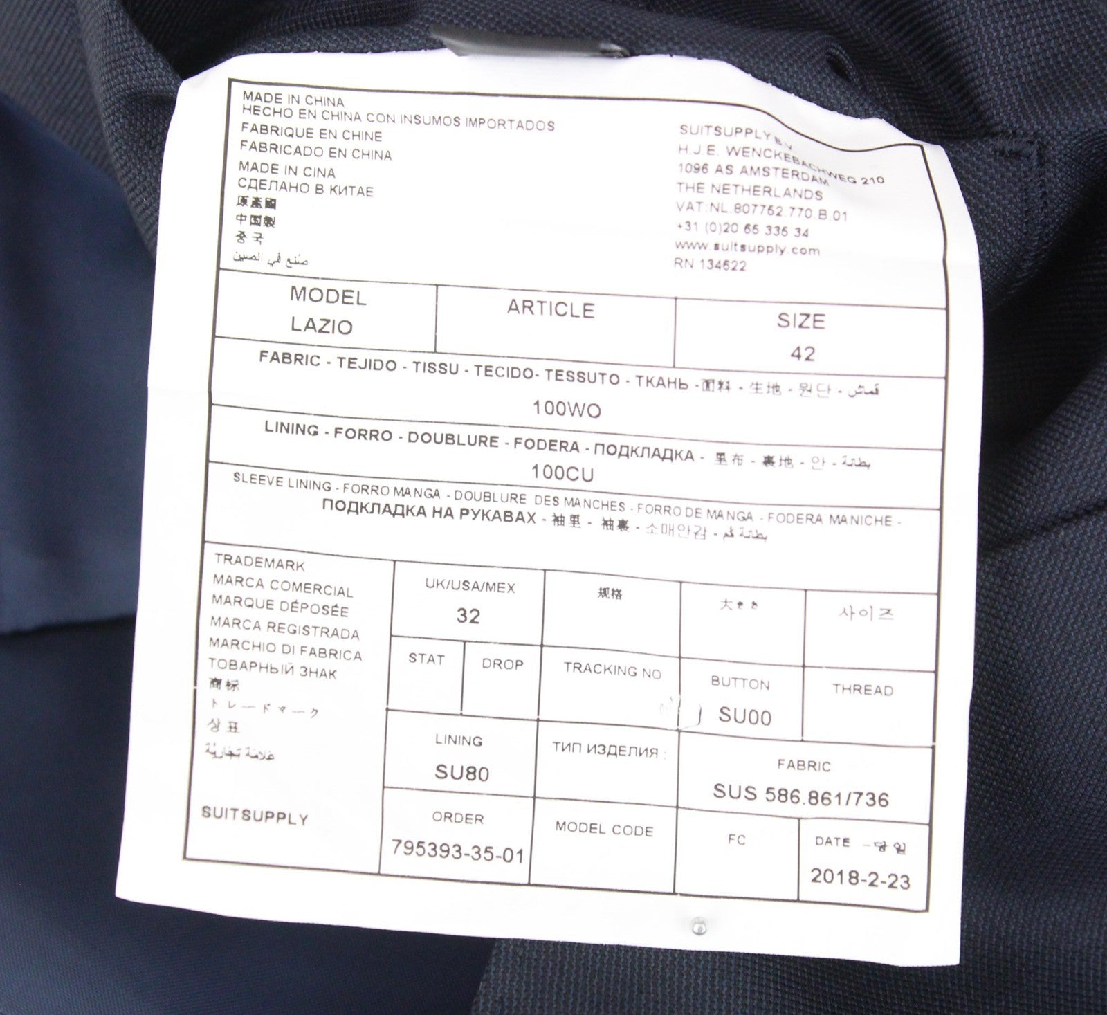 SUITSUPPLY Lazio Men Suit UK32 Navy Slim Cut Melange 3-Piece Perennial Wool
