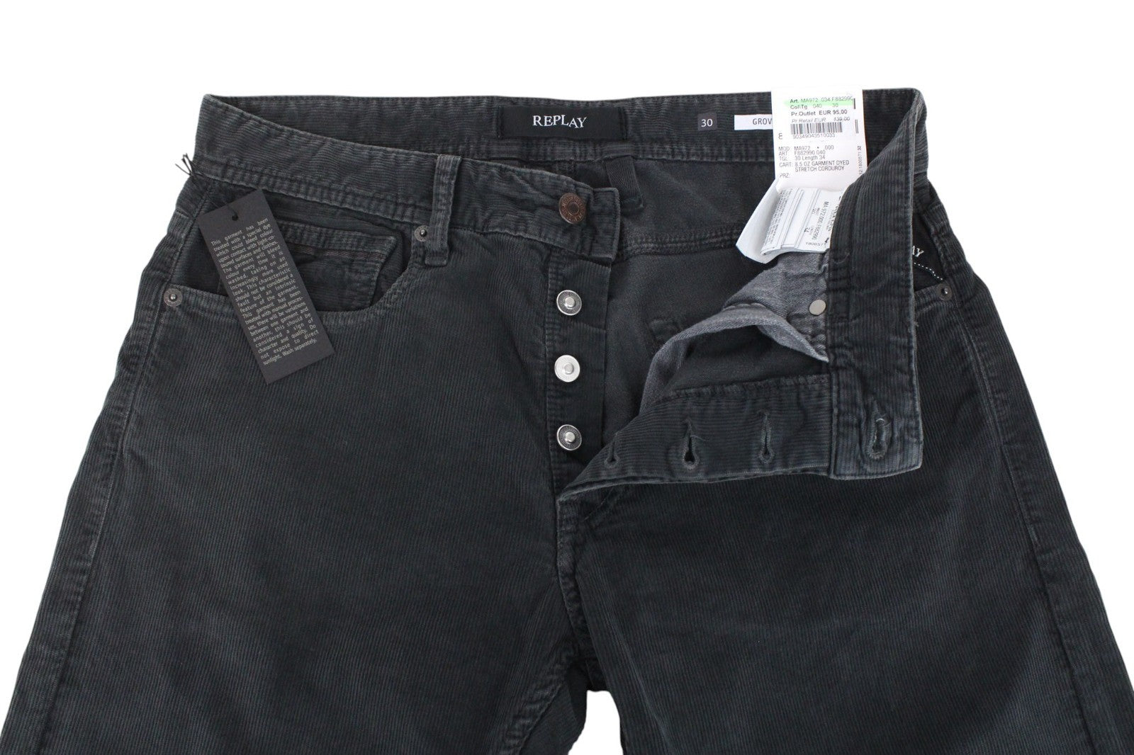 REPLAY Grover Men Trousers W30/L34 Dyed Grey Velvet Straight Corduroy Stretch